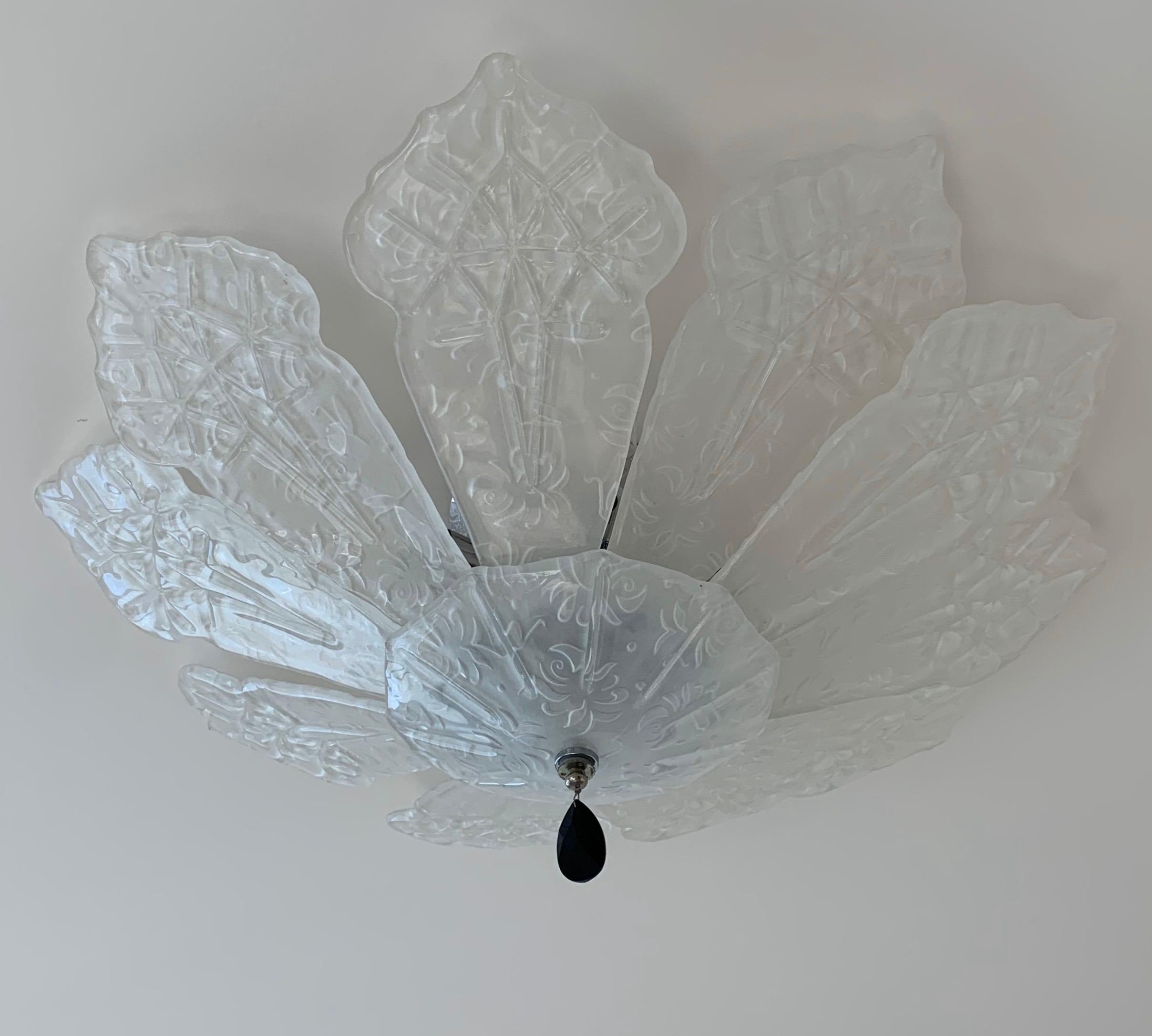 A wonderful Mid-Century Modern / Art Deco style Murano glass Venetian individual panel flushmount ceiling fixture.