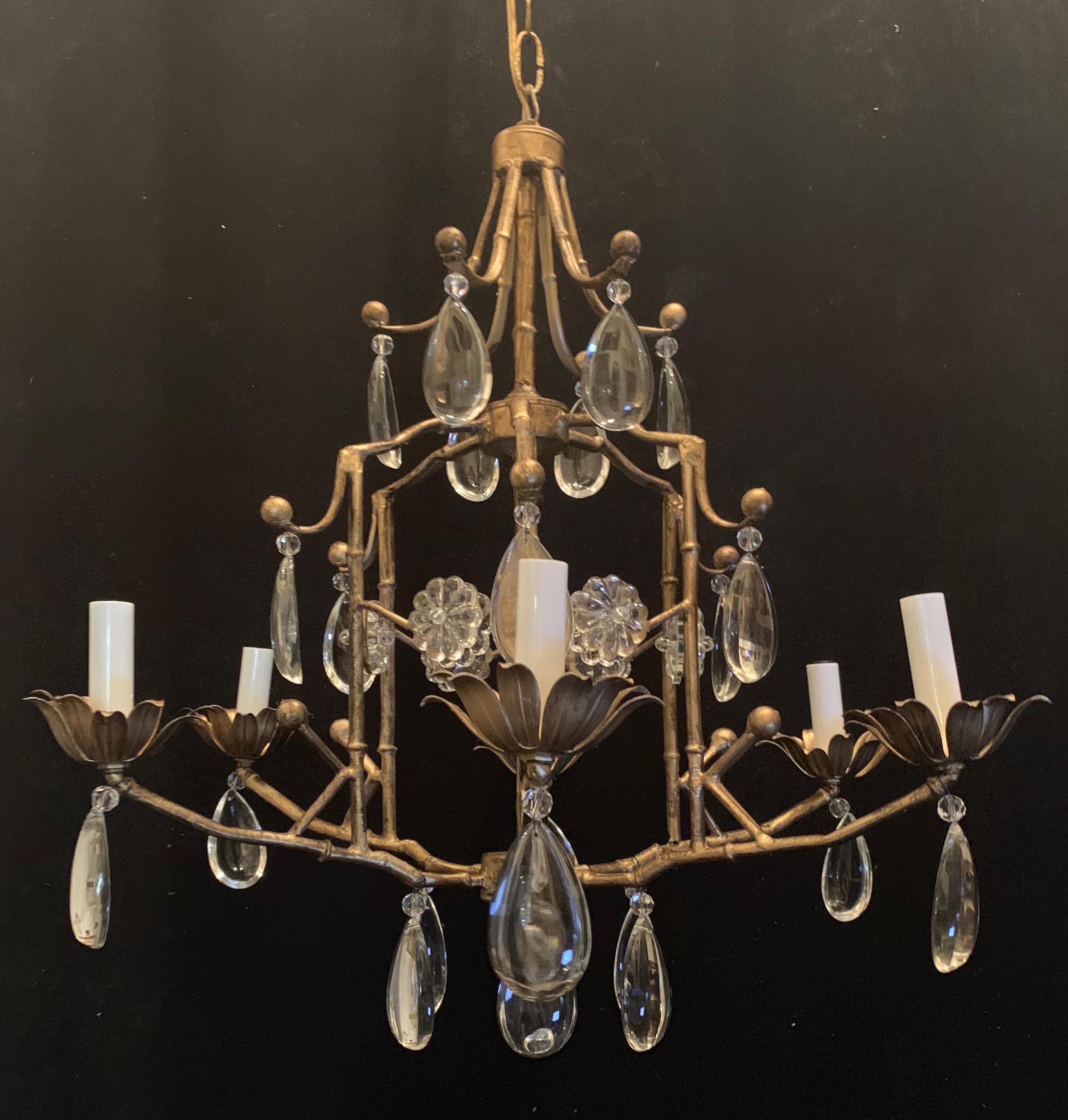 Wonderful Mid-Century Modern Bagues Gilt Bamboo Crystal Drop Chandelier Fixture In Good Condition In Roslyn, NY
