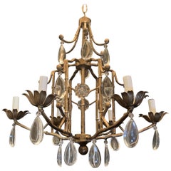 Wonderful Mid-Century Modern Bagues Gilt Bamboo Crystal Drop Chandelier Fixture