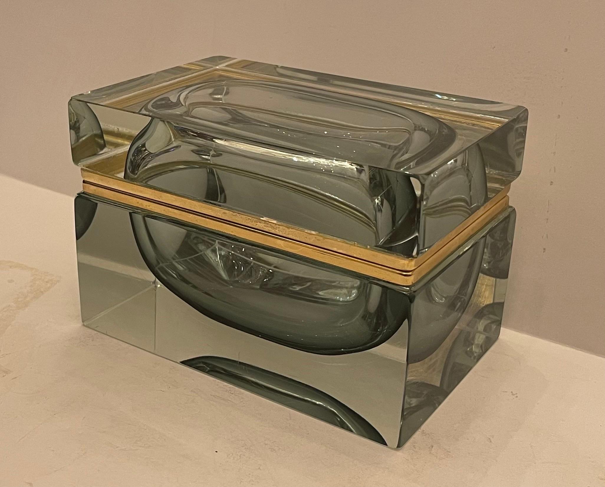 A Wonderful Mid-Century Modern Bavaria Toso style light smoke blue crystal / glass with ormolu hinge bronze large box / casket

*Very impressive in size and striking in color.
