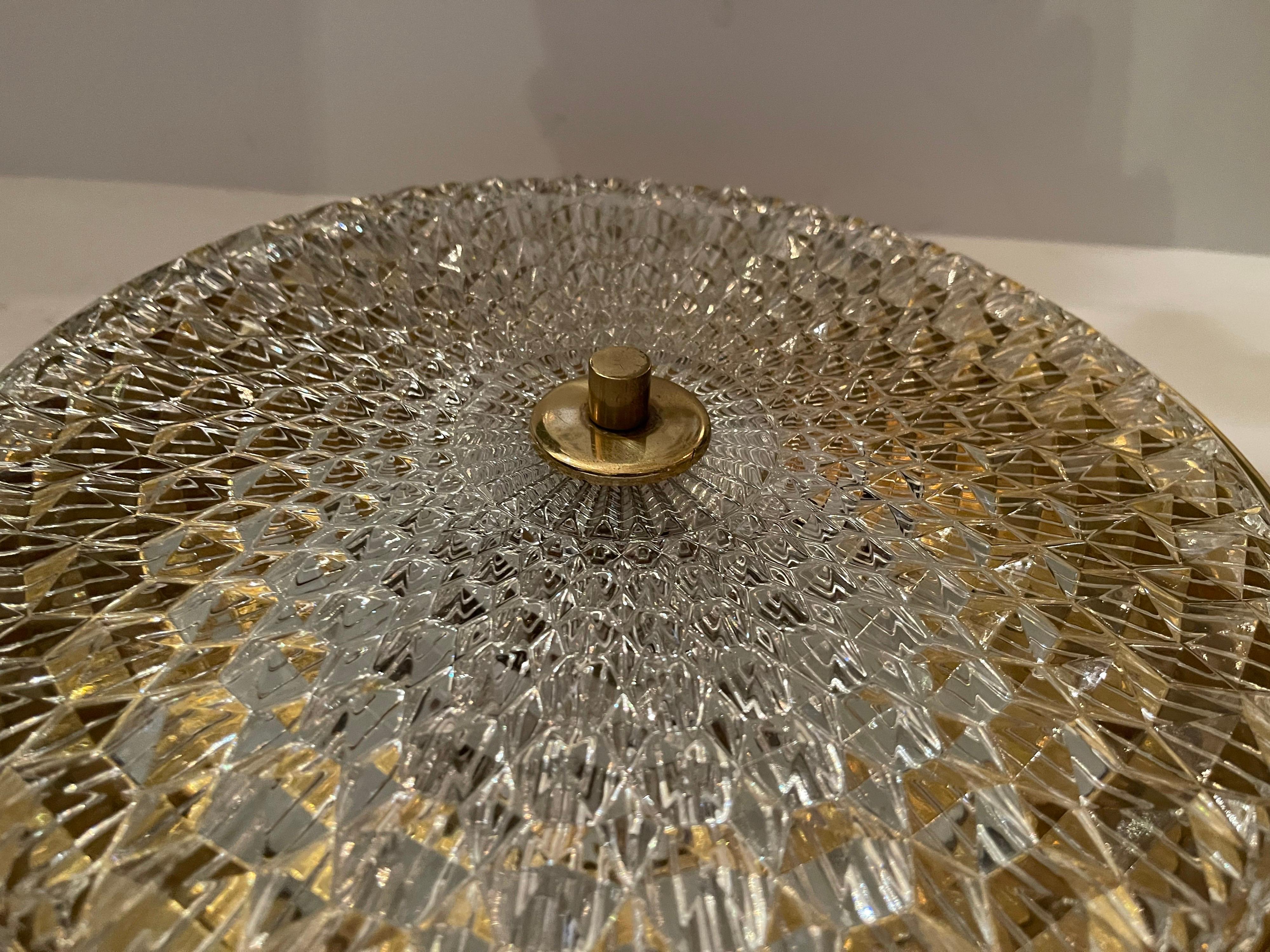 Wonderful Mid-Century Modern Carl Fagerlund Brass Glass Flush Mount Fixture In Good Condition In Roslyn, NY