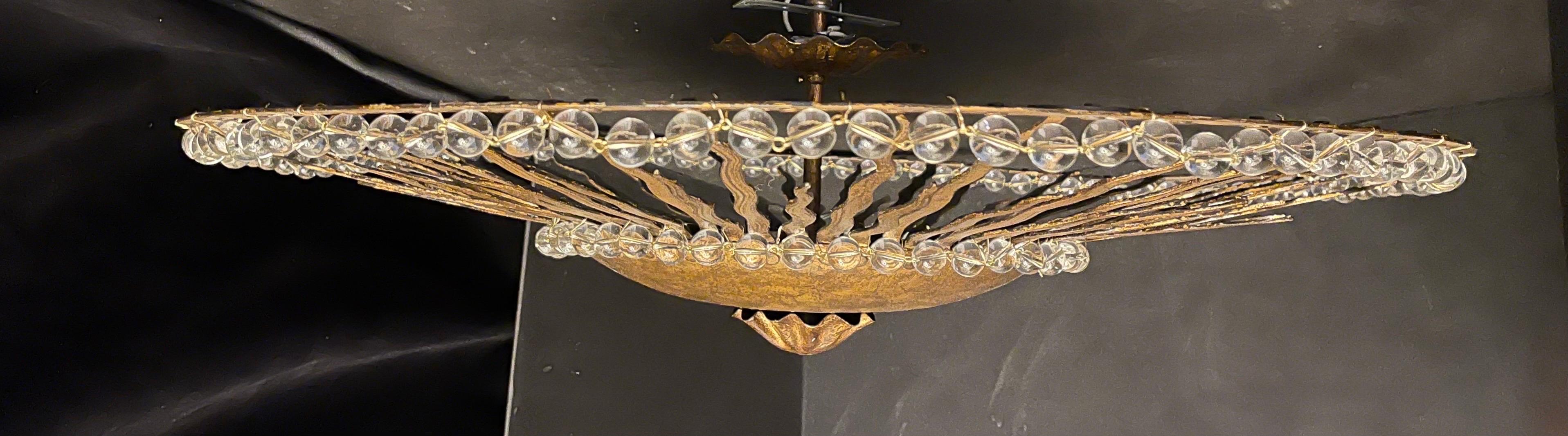 20th Century Wonderful Mid-Century Modern Crystal Gilt Sunburst Brutalist Flush Mount Pendant