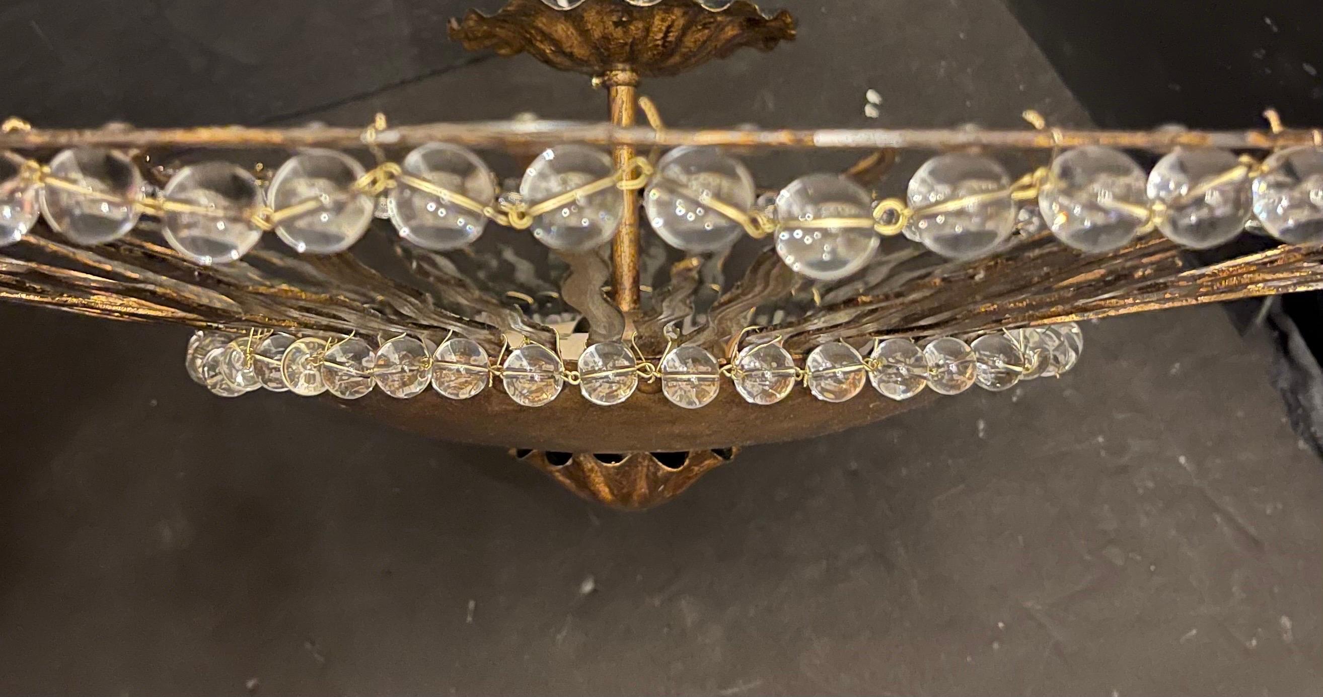 Wonderful Mid-Century Modern Crystal Gilt Sunburst Brutalist Flush Mount Pendant For Sale 2
