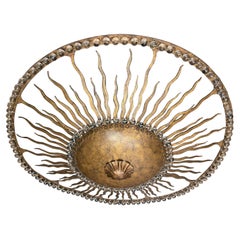 Wonderful Mid-Century Modern Crystal Gilt Sunburst Brutalist Flush Mount Pendant