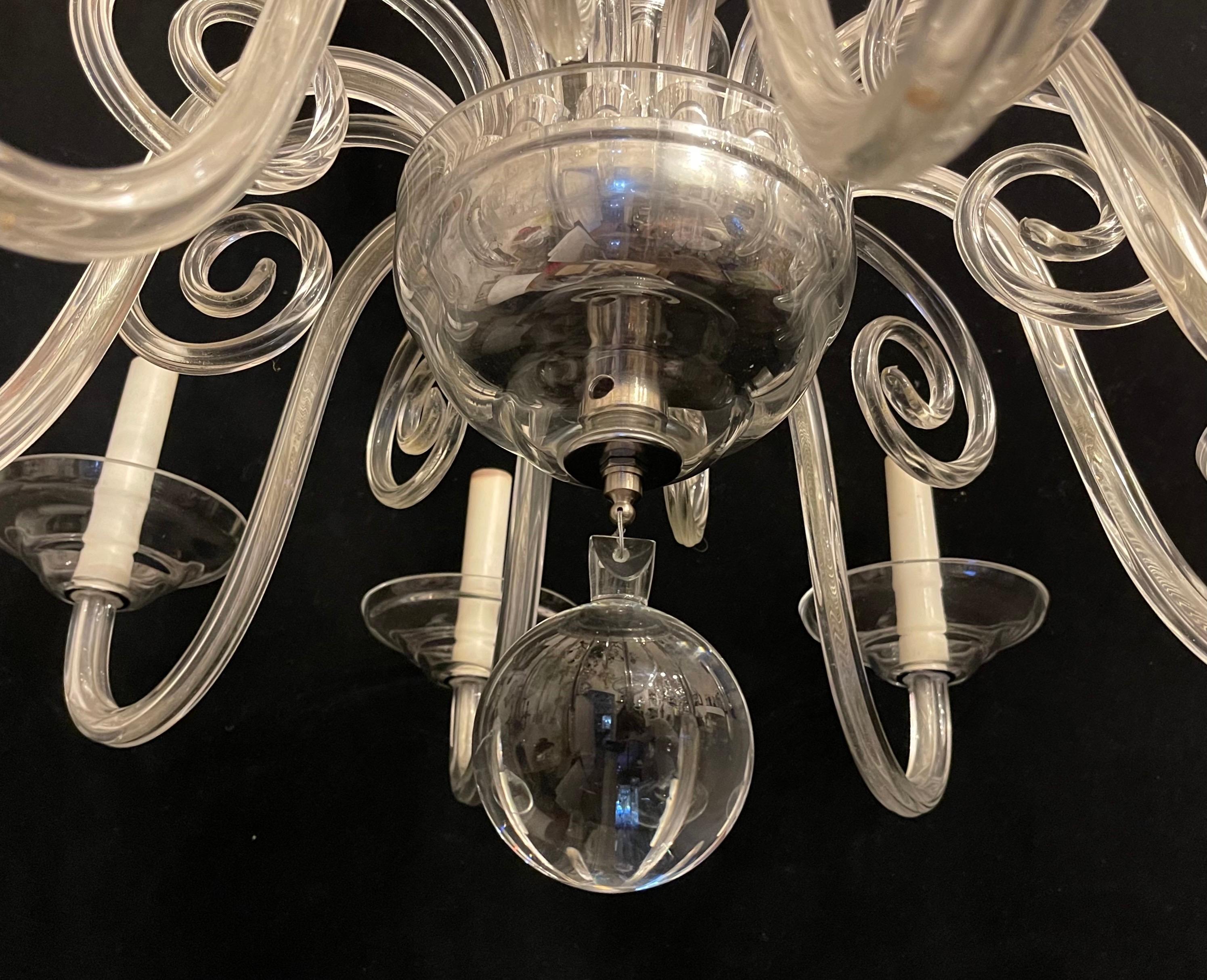 Wonderful Mid-Century Modern Crystal Glass Polished Nickel Fixture Chandelier In Good Condition For Sale In Roslyn, NY
