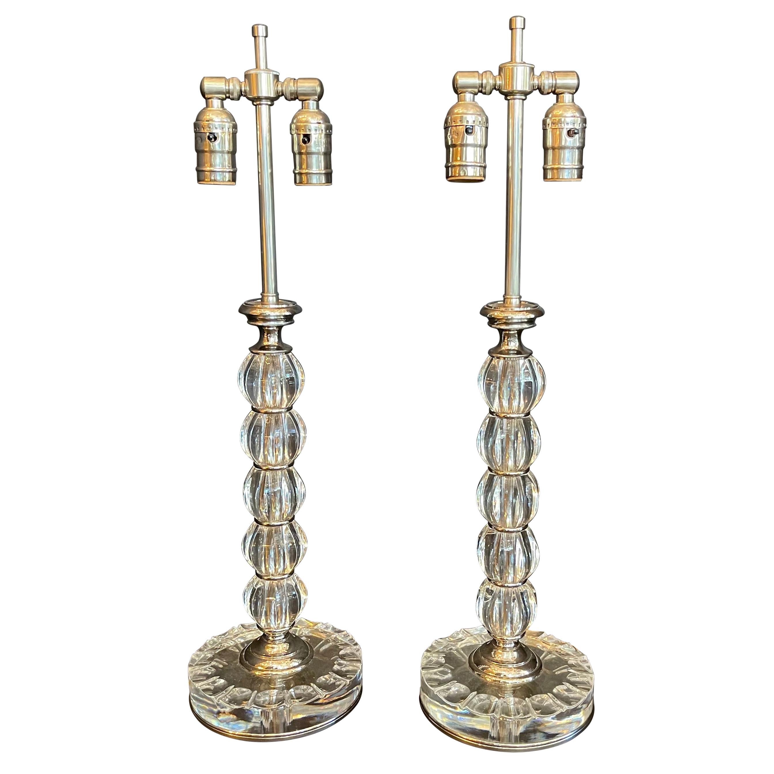 Wonderful Mid-Century Modern Crystal Polished Nickel Chrome Pair Baccarat Lamps For Sale