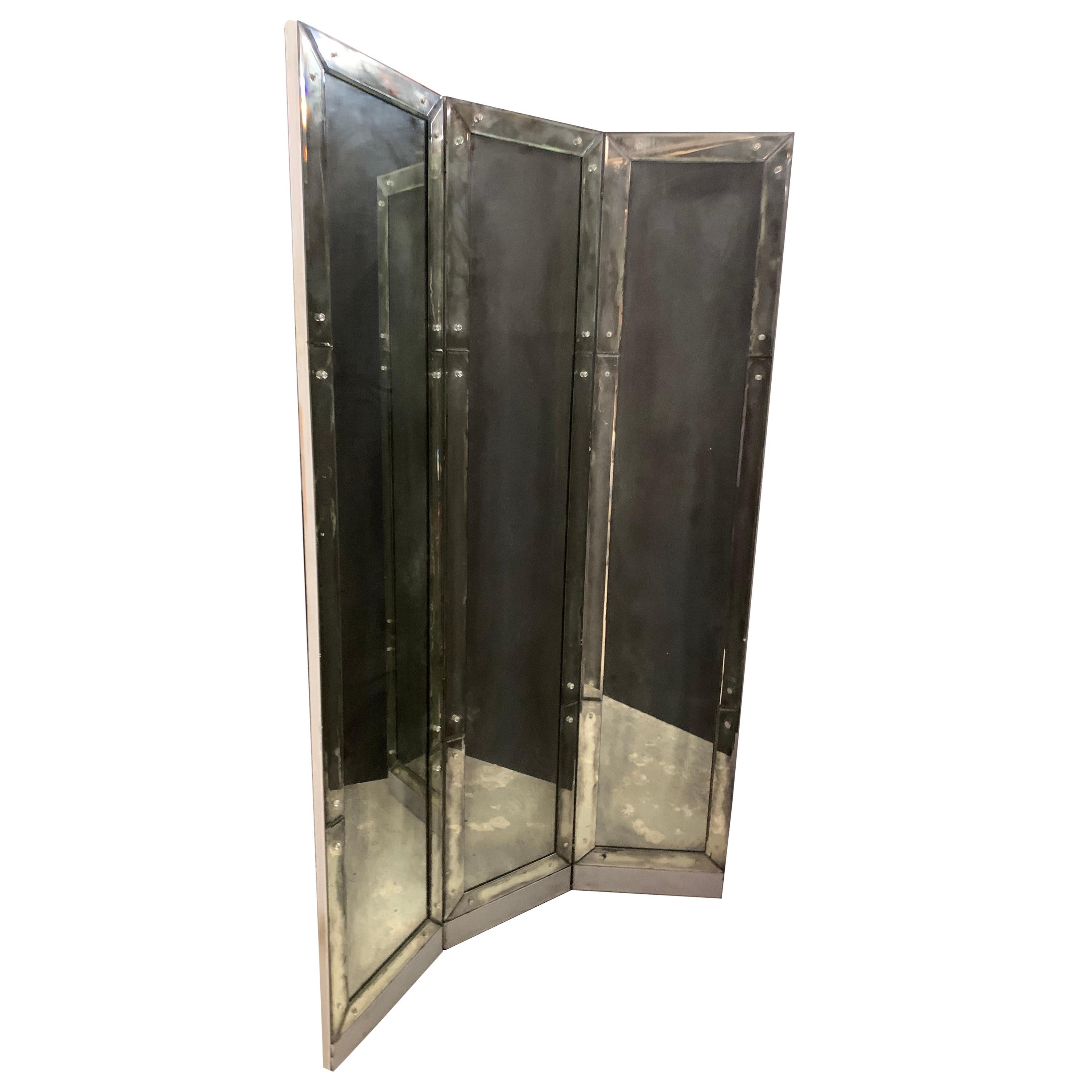 Wonderful Mid-Century Modern Deco 3-Panel Beveled Mirrored Screen Room Divider