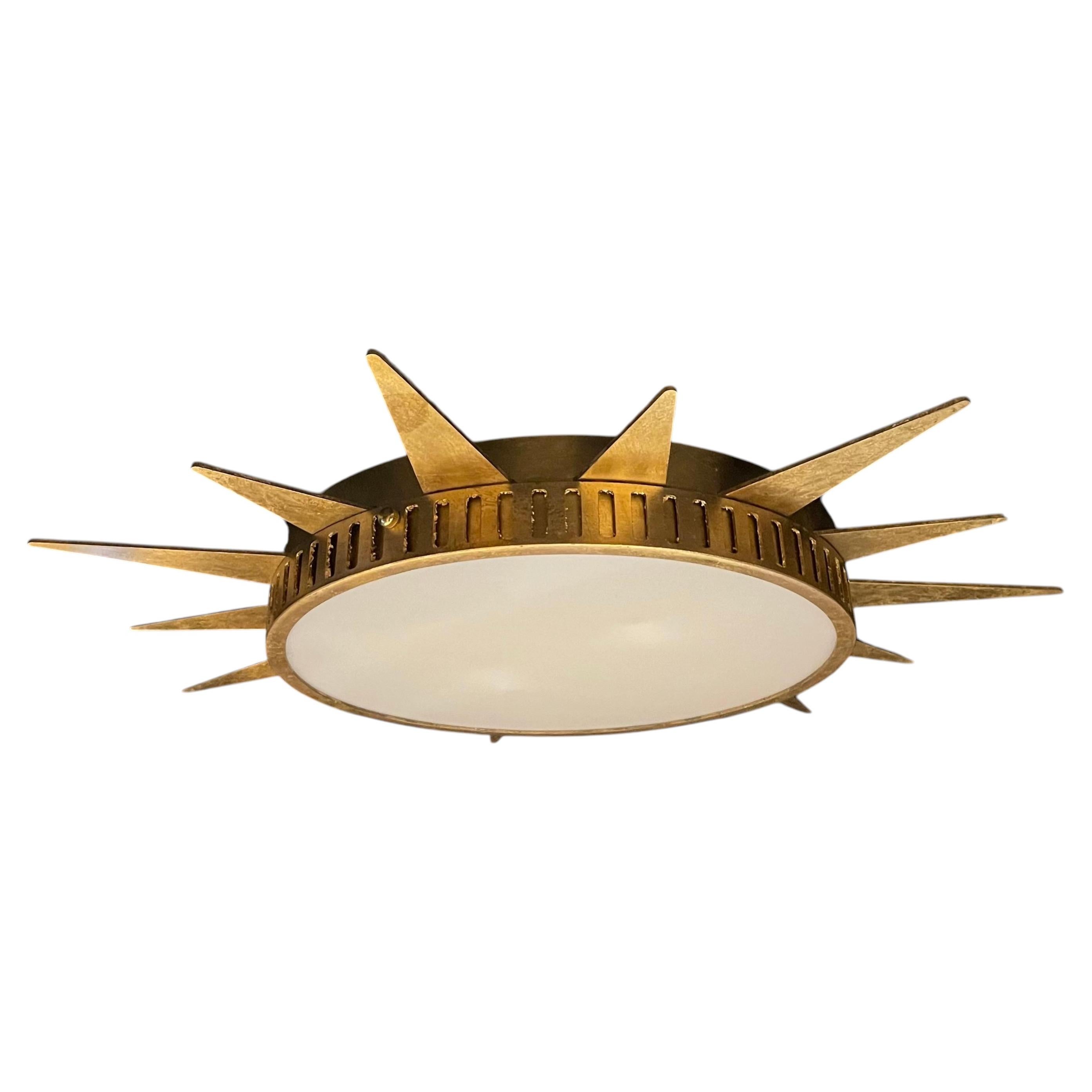 Wonderful Mid-Century Modern Gilt Sunburst Flush Mount Pendant Light Fixture For Sale
