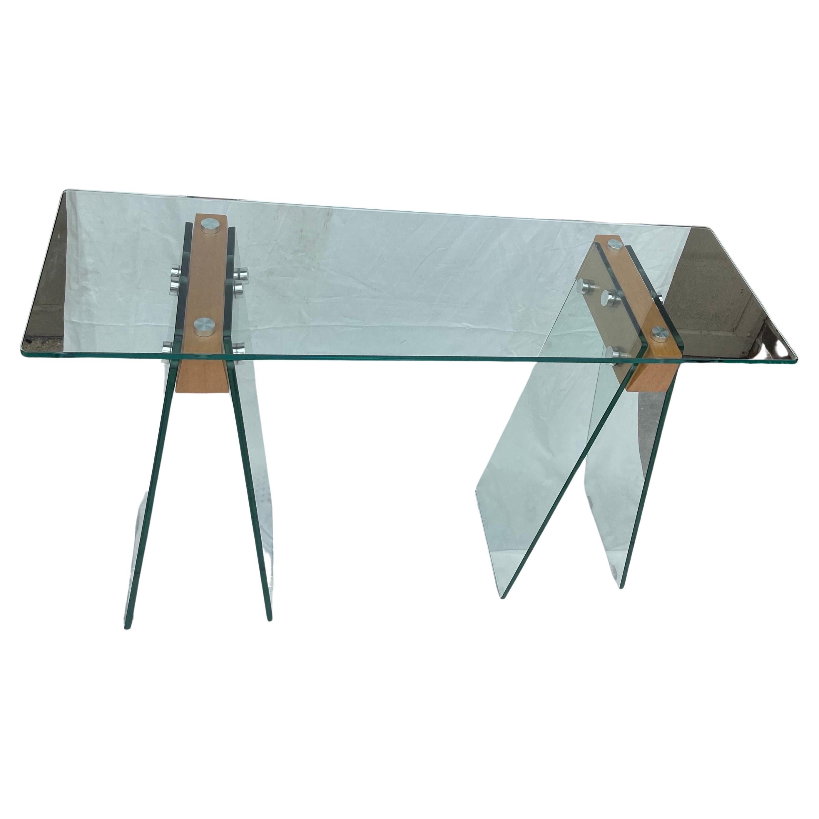Maravillosa Consola / Escritorio de Madera y Cristal Moderna de Mediados de Siglo al Estilo y Manera de Karl Springer