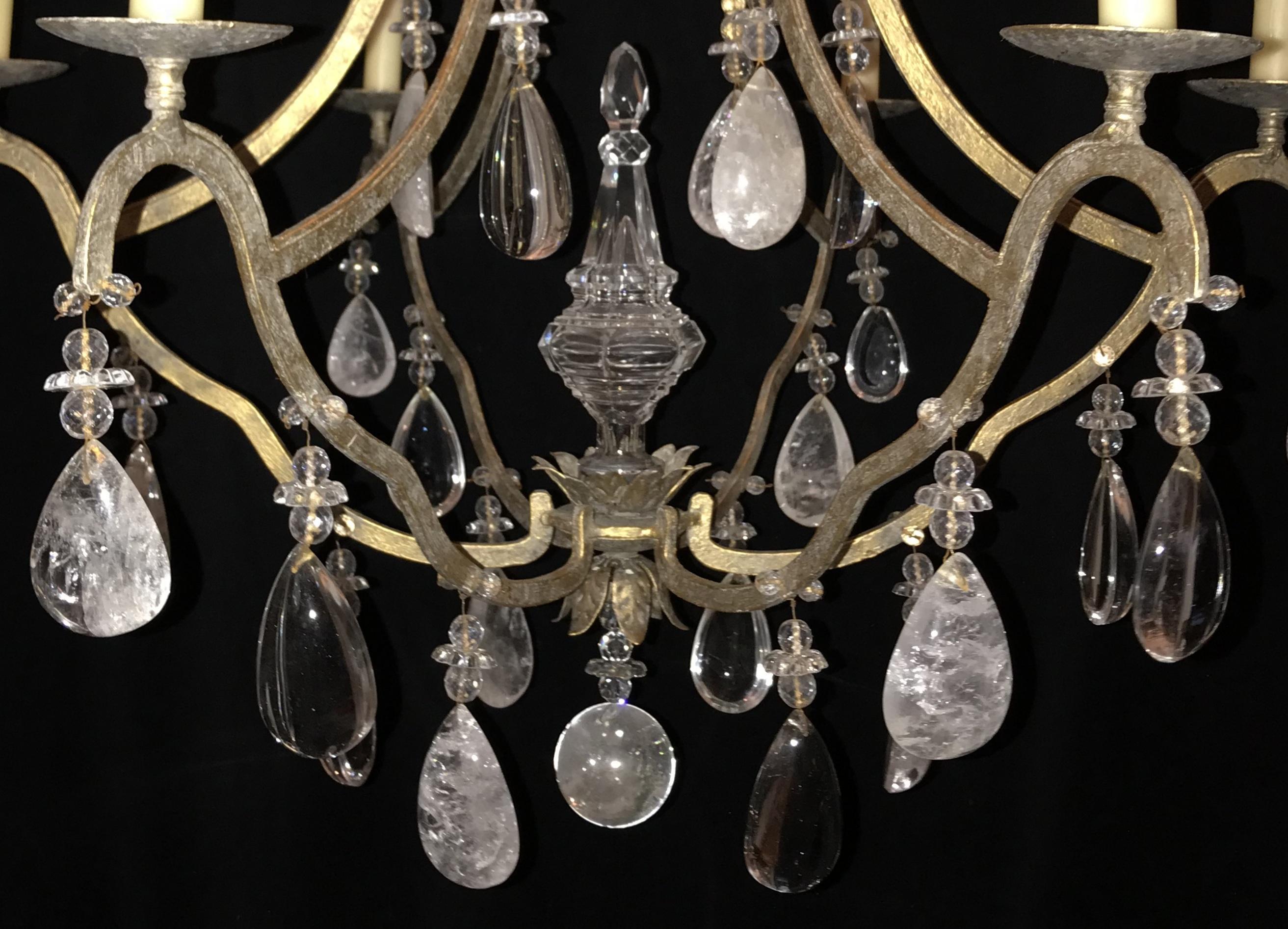 Italian Wonderful Mid-Century Modern Gold Baguès Rock Crystal Beaded Jansen Chandelier For Sale