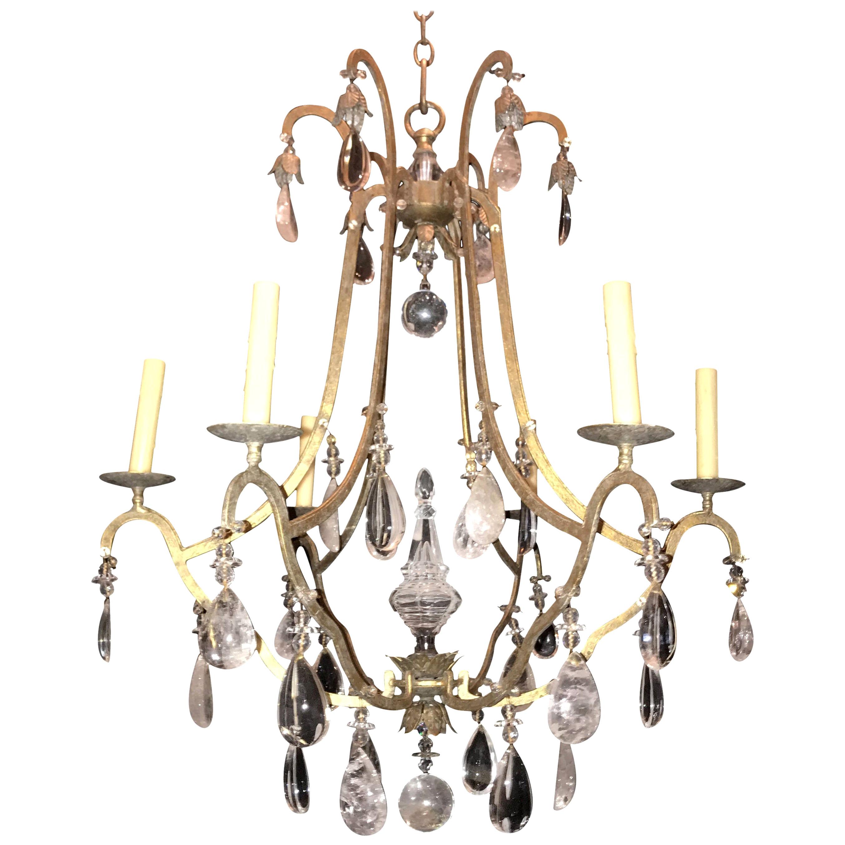 Wonderful Mid-Century Modern Gold Baguès Rock Crystal Beaded Jansen Chandelier For Sale