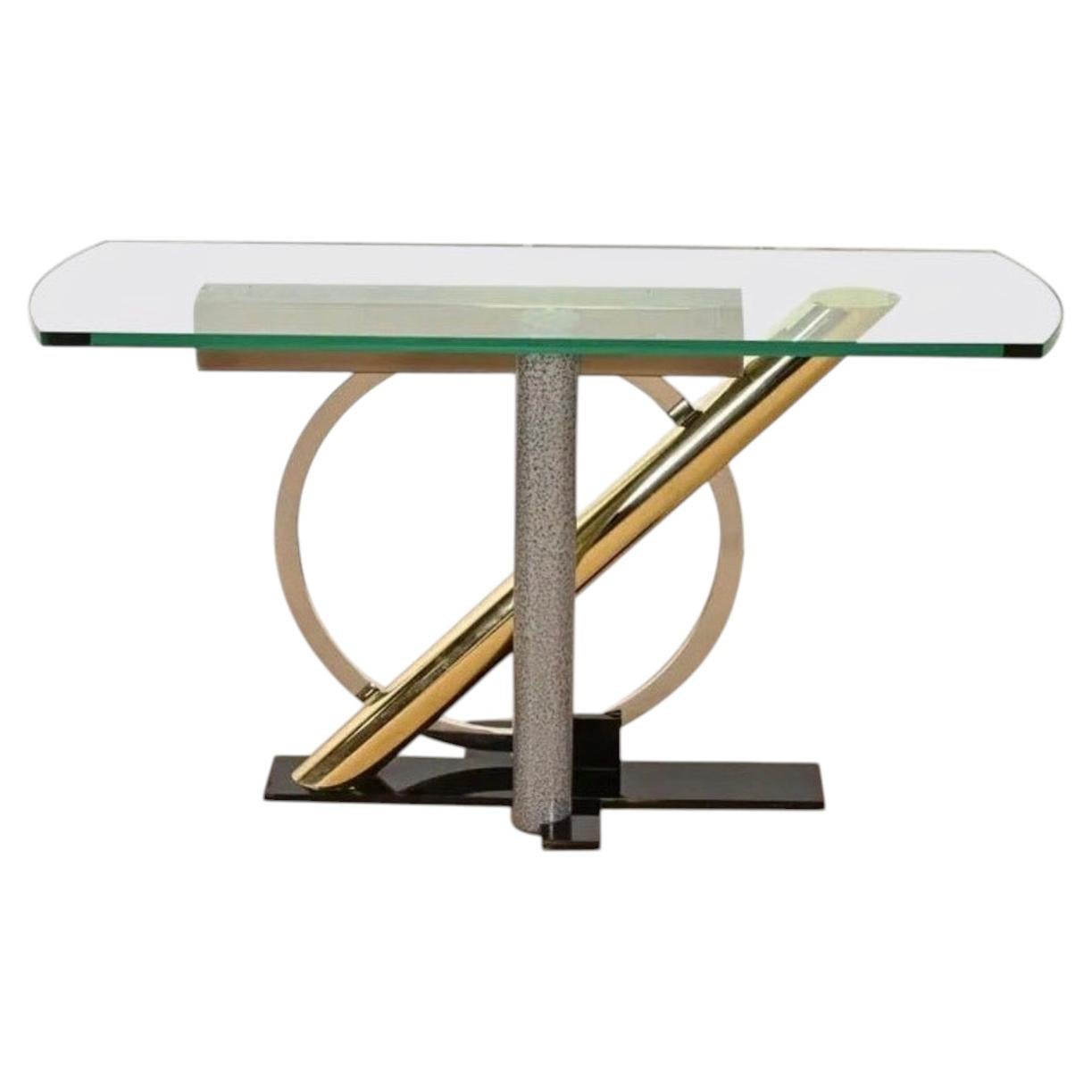 Maravillosa Mesa Consola Kaizo Oto DIA de Acero Bronce y Cristal de Mitad del Siglo Moderno