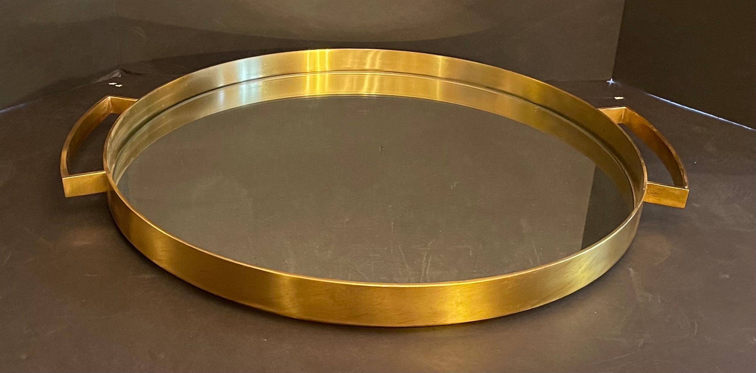 Wonderful Mid-Century Modern Lorin Marsh French Bronze Mirror Round Serving Tray In Good Condition For Sale In Roslyn, NY