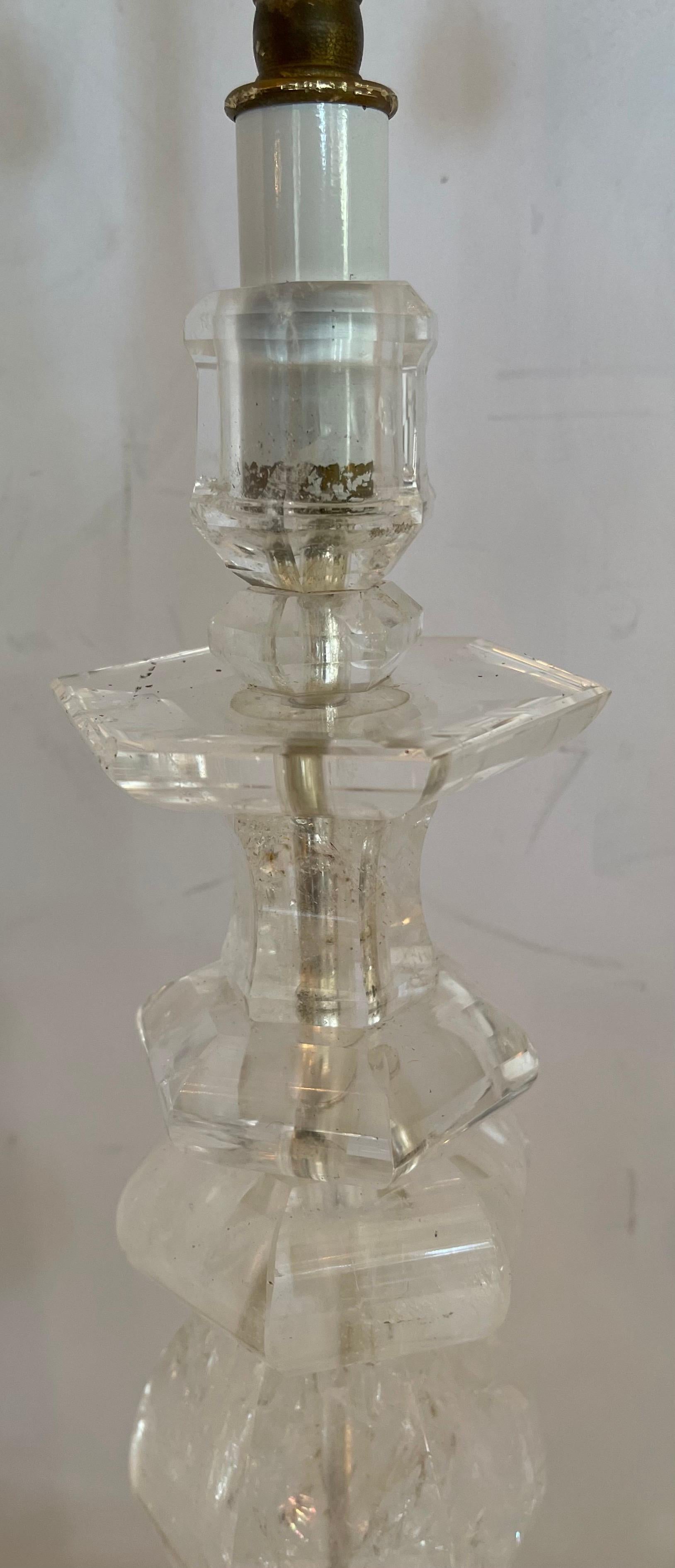 Bronze Wonderful Mid-Century Modern Maison Baguès Carved Faceted Rock Crystal Lamp For Sale