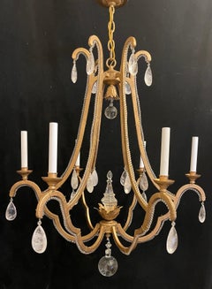 Wonderful Mid-Century Modern Maison Baguès Gilt Beaded Rock Crystal Chandelier