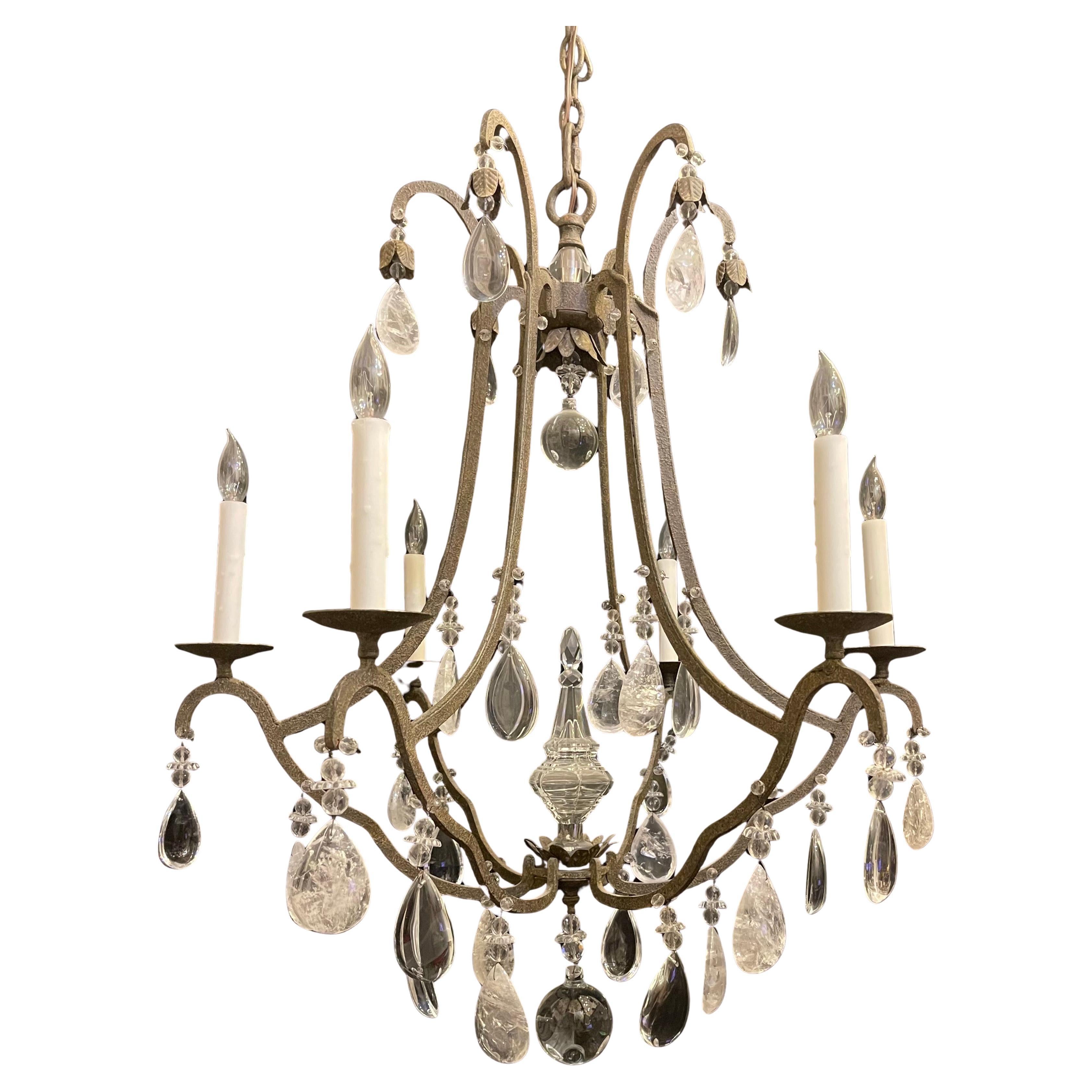Wonderful Mid-Century Modern Maison Baguès Gilt Beaded Rock Crystal Chandelier For Sale