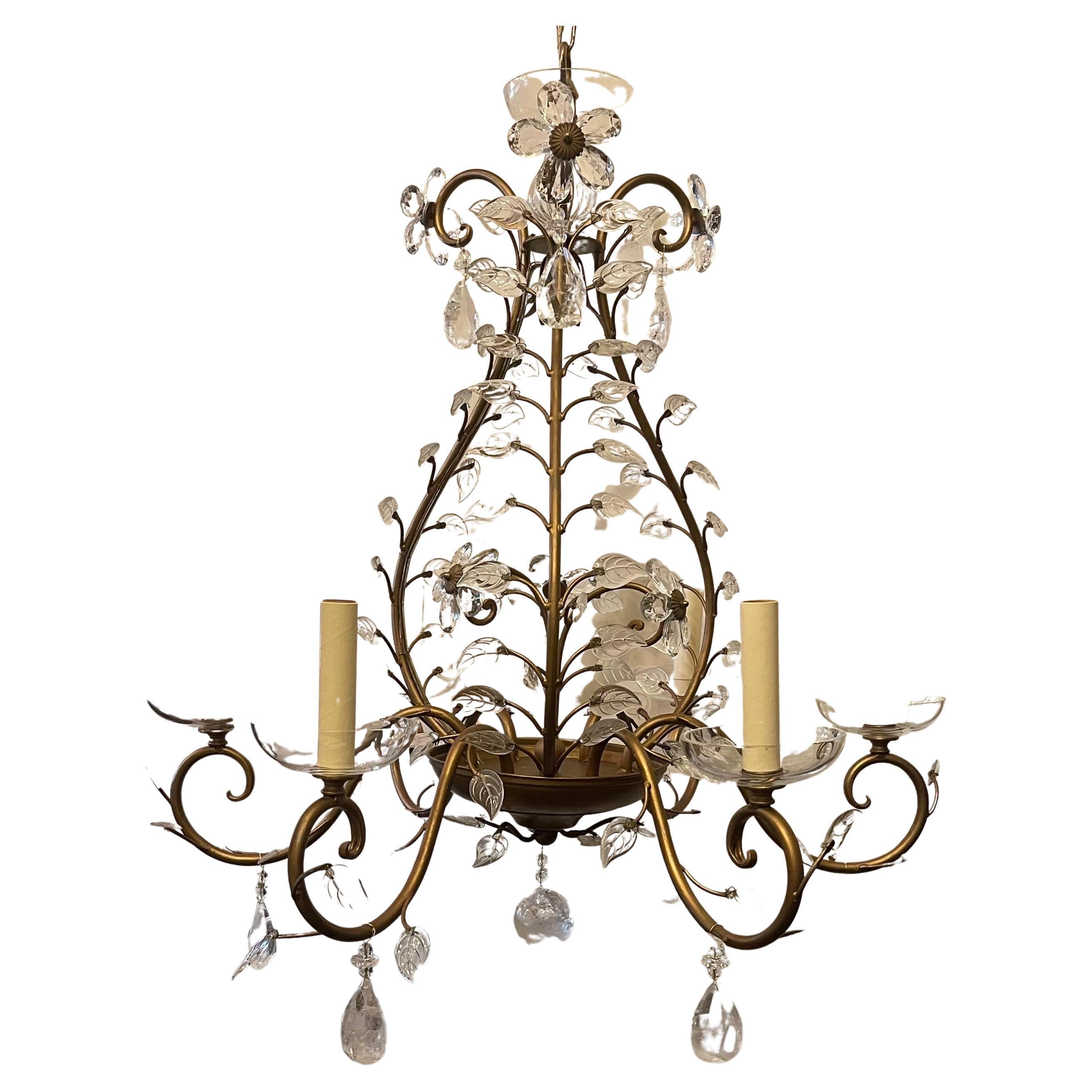 A Wonderful Mid-Century Modern Maison Baguès Style Leaf & Flower Bird Cage Form With Rock Crystal 6 Candelabra Light Chandelier.