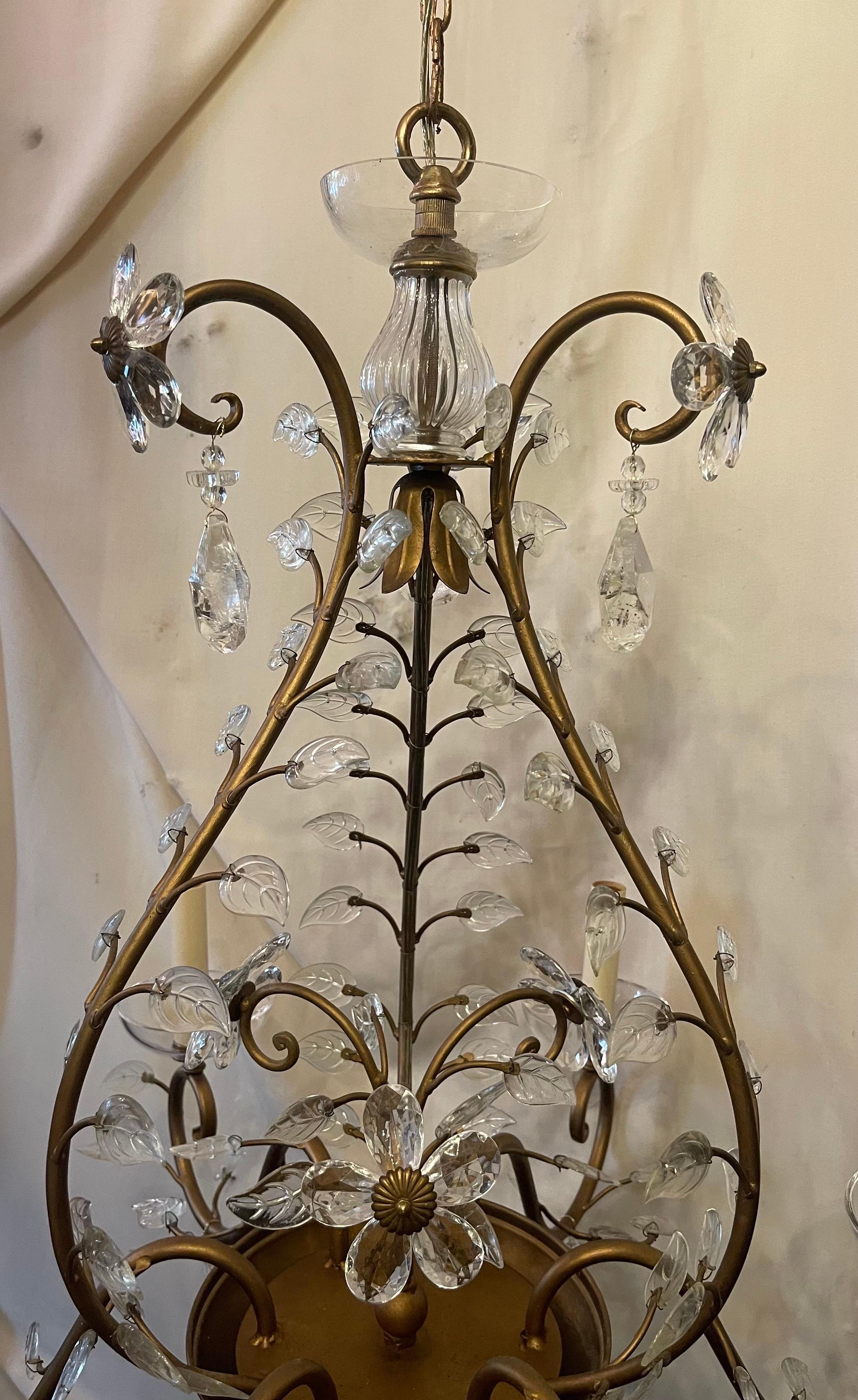 Gilt Wonderful Mid-Century Modern Maison Baguès Leaf Flower Rock Crystal Chandelier For Sale