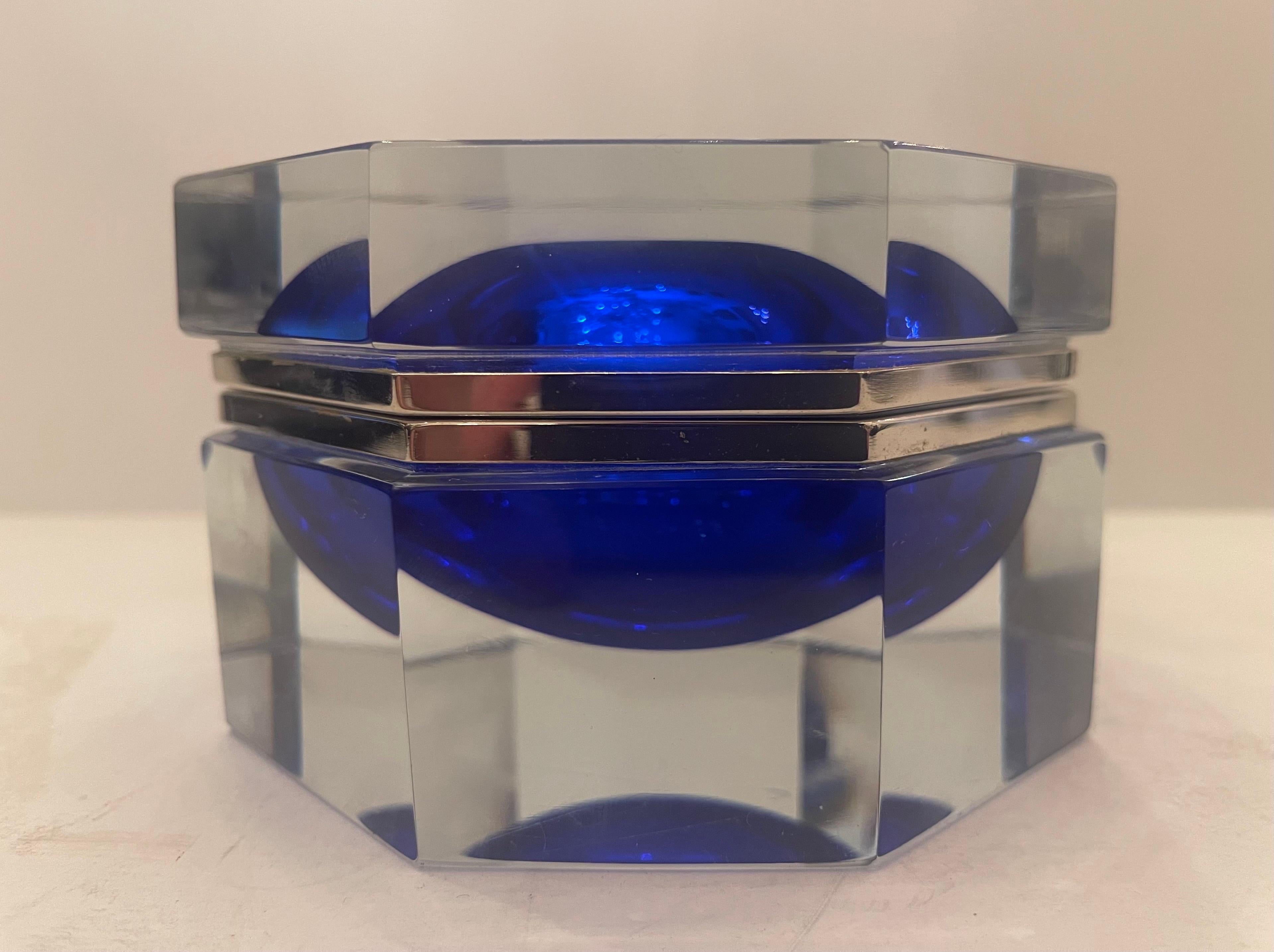 A Wonderful Mid-Century Modern Murano Cobalt Blue Art Glass / Crystal With Polished Nickel Mounting Casket / Box.