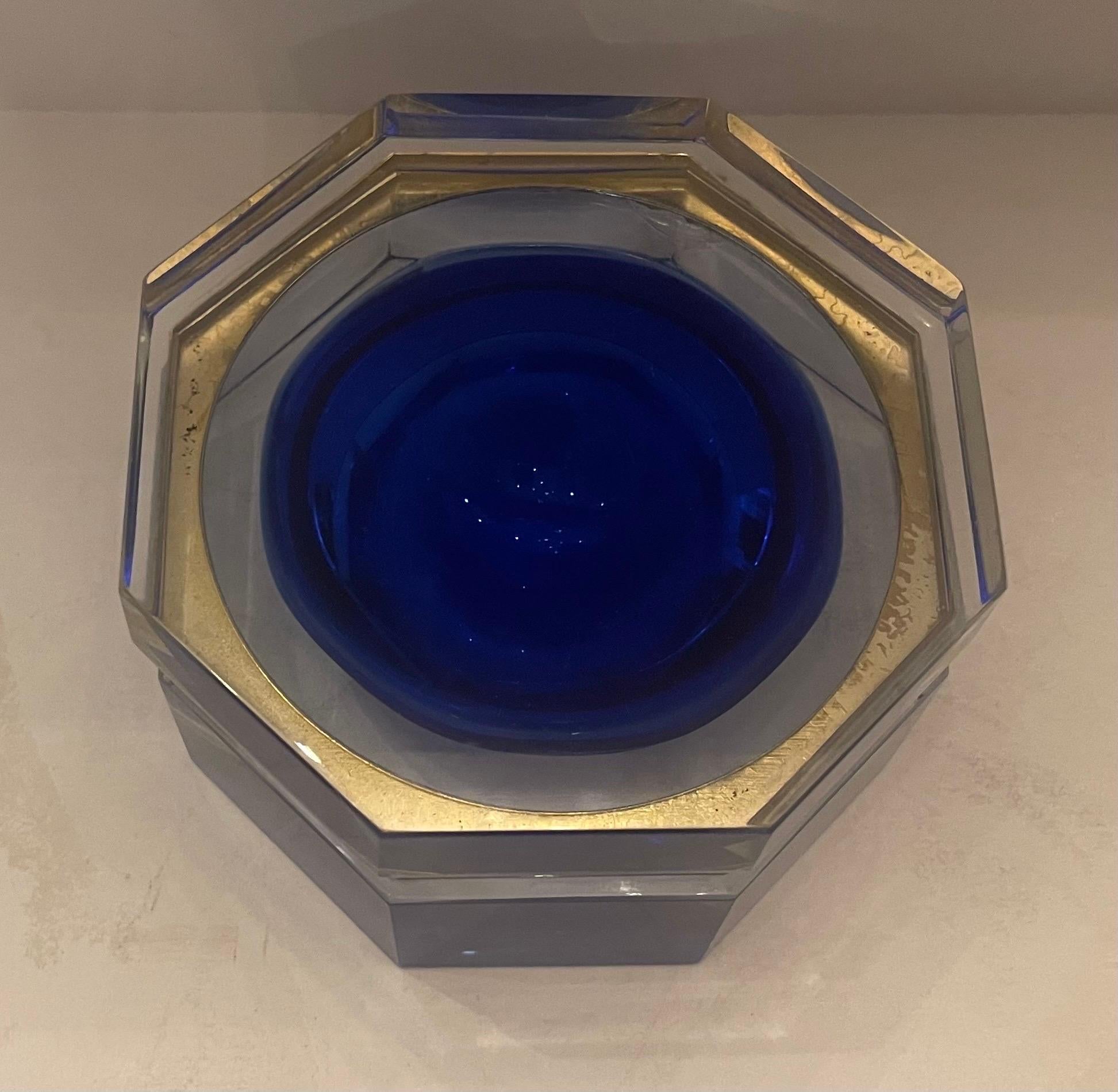 Polished Wonderful Mid-Century Modern Murano Blue Art Glass Crystal Nickel Casket Box For Sale