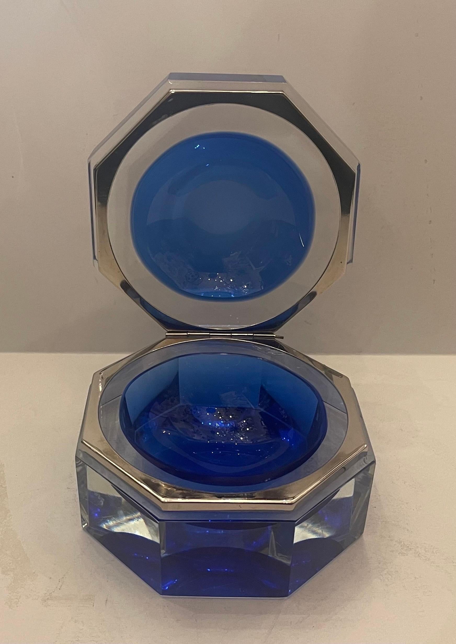 Wonderful Mid-Century Modern Murano Blue Art Glass Crystal Nickel Casket Box In Good Condition For Sale In Roslyn, NY