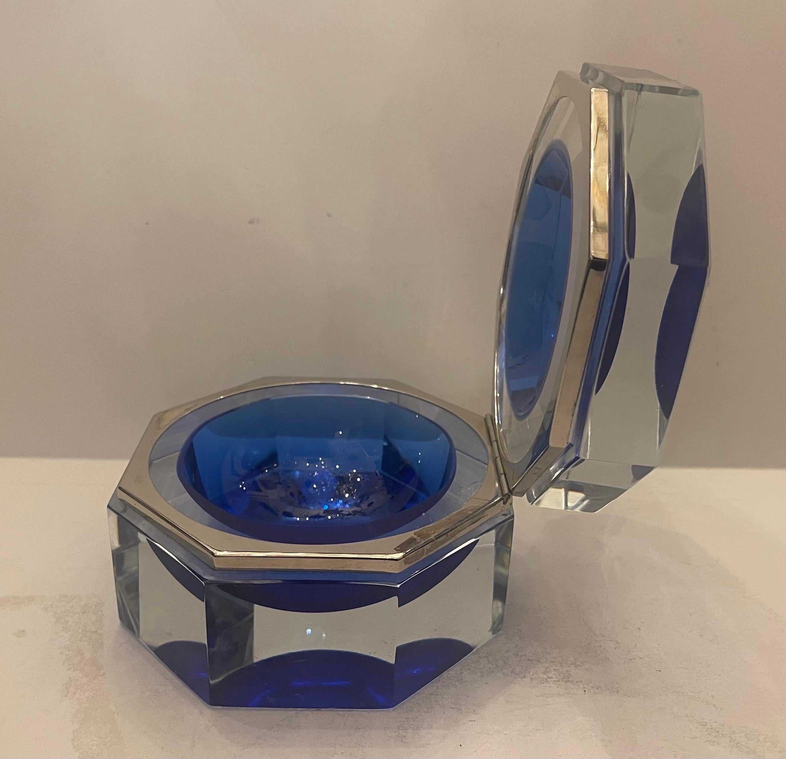 20th Century Wonderful Mid-Century Modern Murano Blue Art Glass Crystal Nickel Casket Box For Sale
