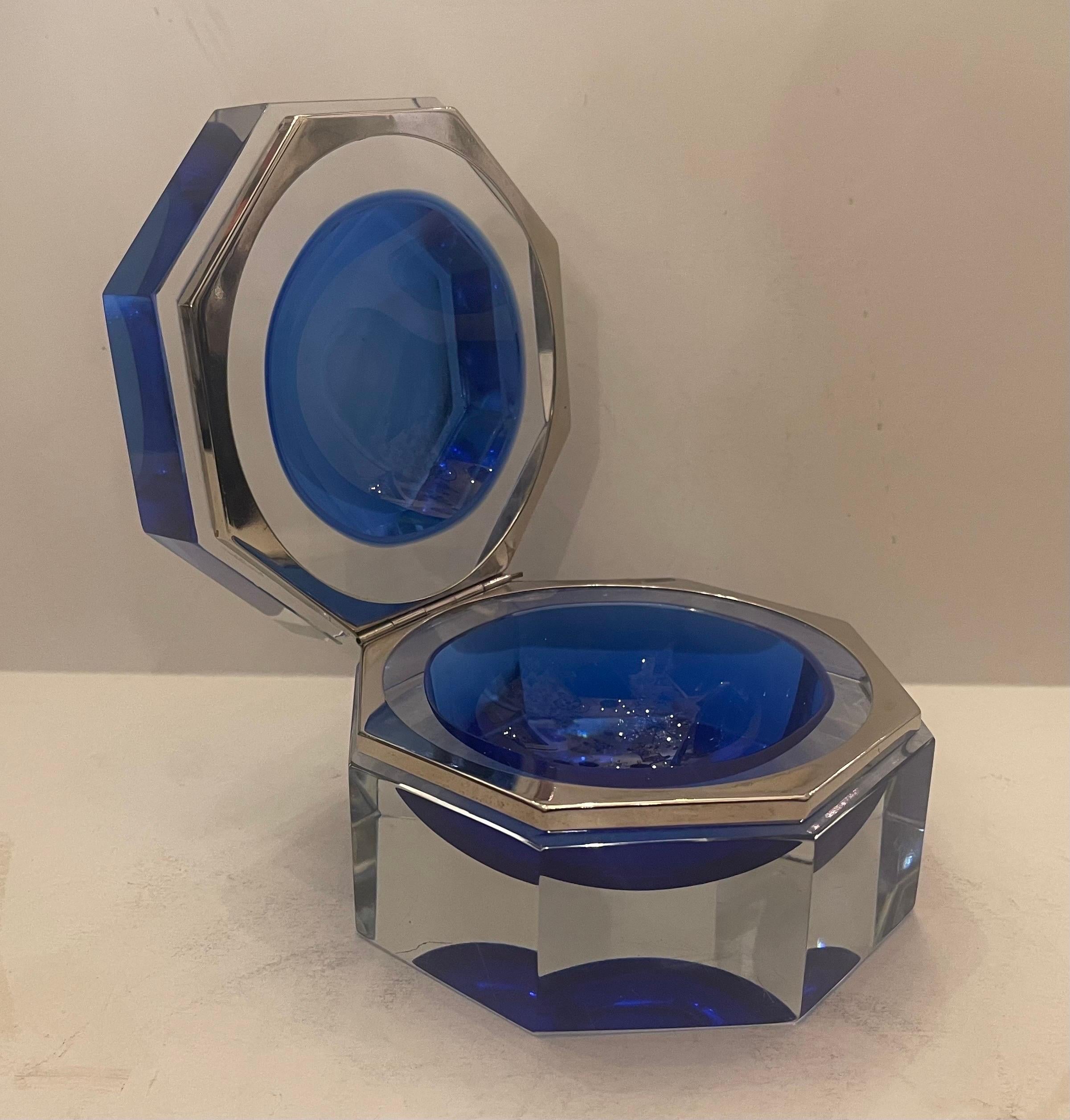 Wonderful Mid-Century Modern Murano Blue Art Glass Crystal Nickel Casket Box For Sale 1