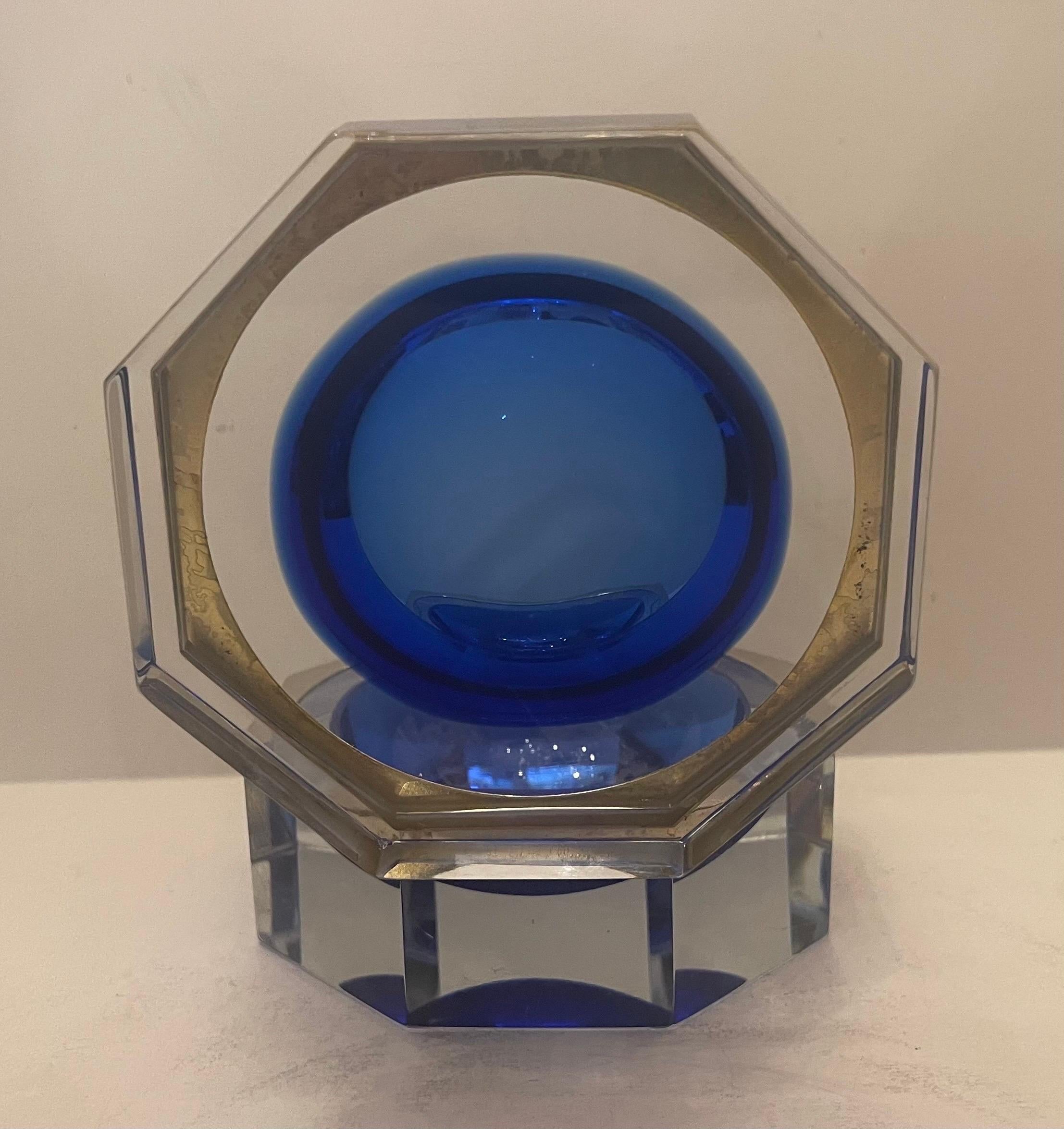 Wonderful Mid-Century Modern Murano Blue Art Glass Crystal Nickel Casket Box For Sale 2
