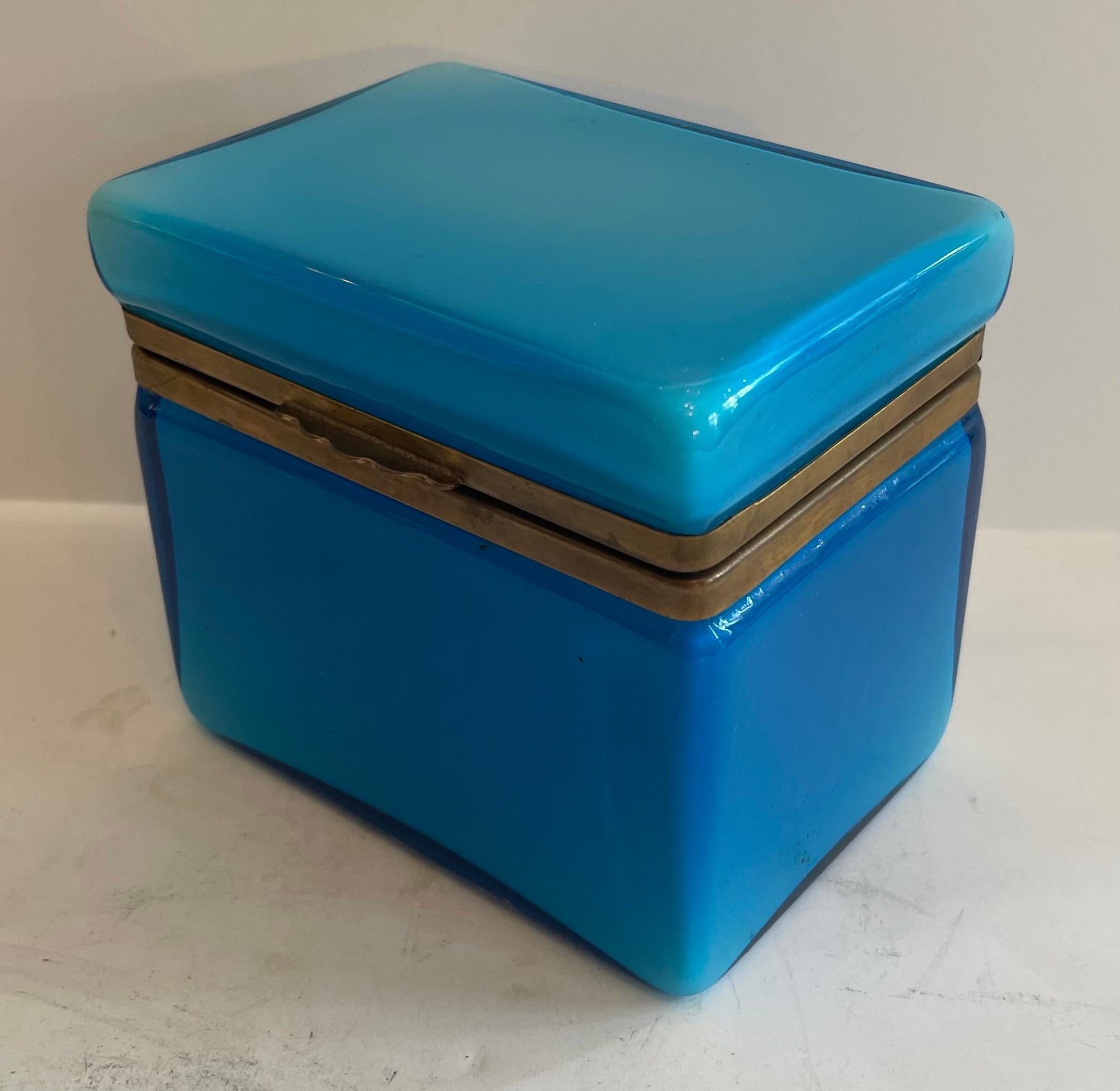 Wonderful Mid-Century Modern Murano blue art glass ormolu brass casket box.