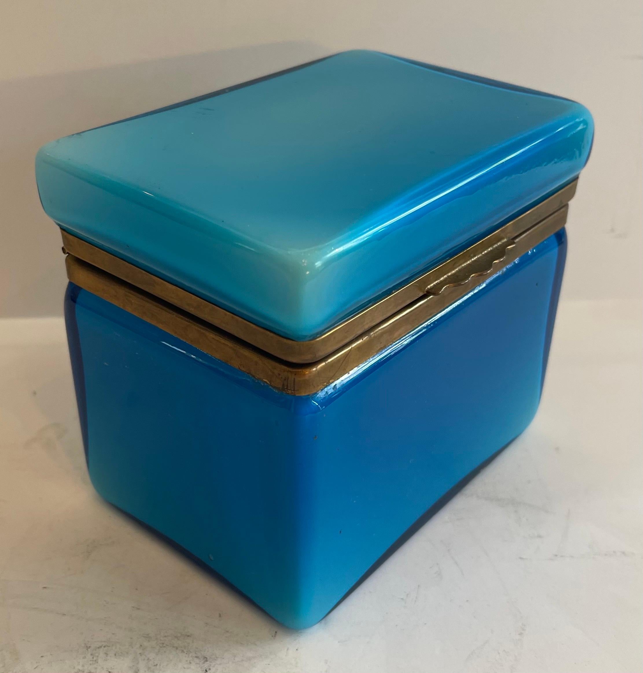 Italian Wonderful Mid-Century Modern Murano Blue Art Glass Ormolu Brass Casket Box