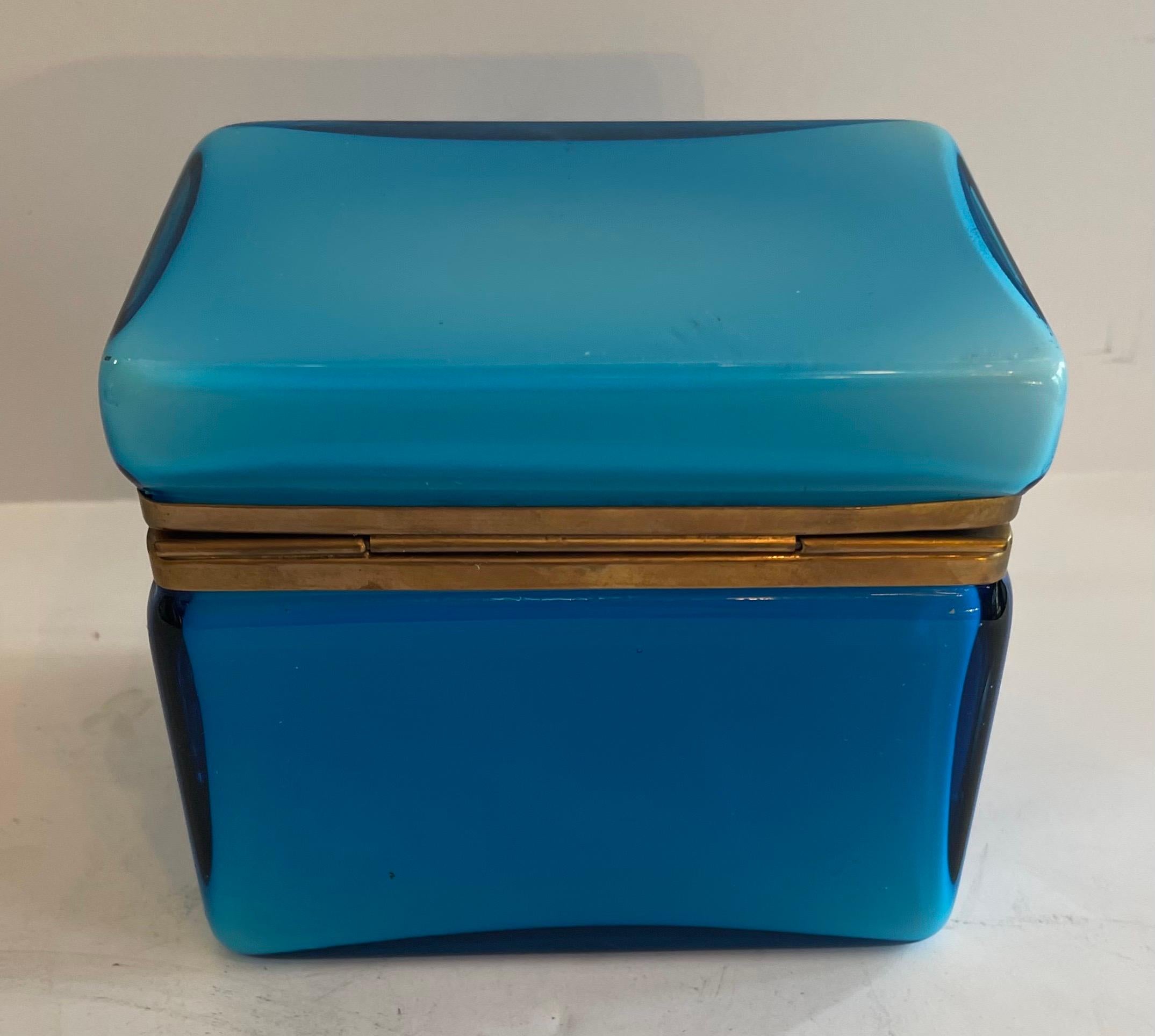 Wonderful Mid-Century Modern Murano Blue Art Glass Ormolu Brass Casket Box In Good Condition In Roslyn, NY
