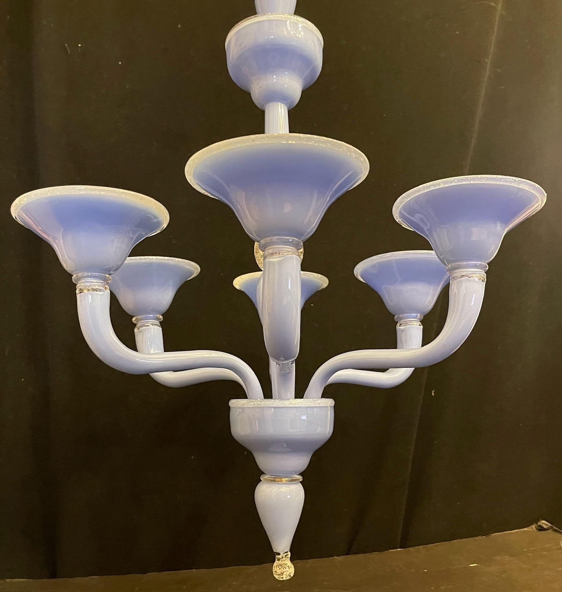 Wonderful Mid Century Modern Murano 6 Candelabra Light Pale Blue / Lavender With Clear And Gold Flake Accent Chandelier In The Style & Manner Of Barovier Seguso & Ferro.