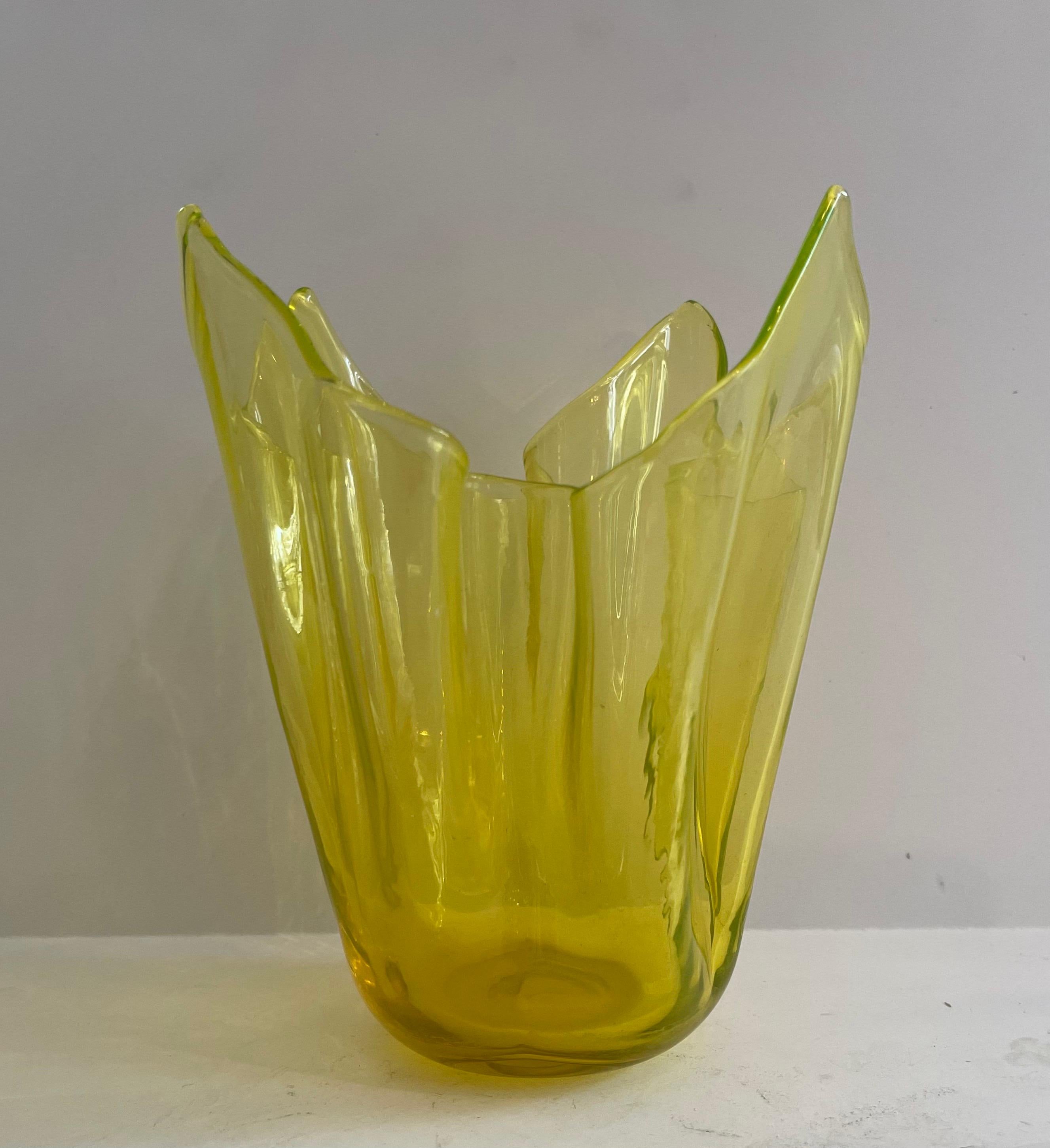 A Wonderful Mid-Century Modern Murano handkerchief yellow Art glass blown vase.