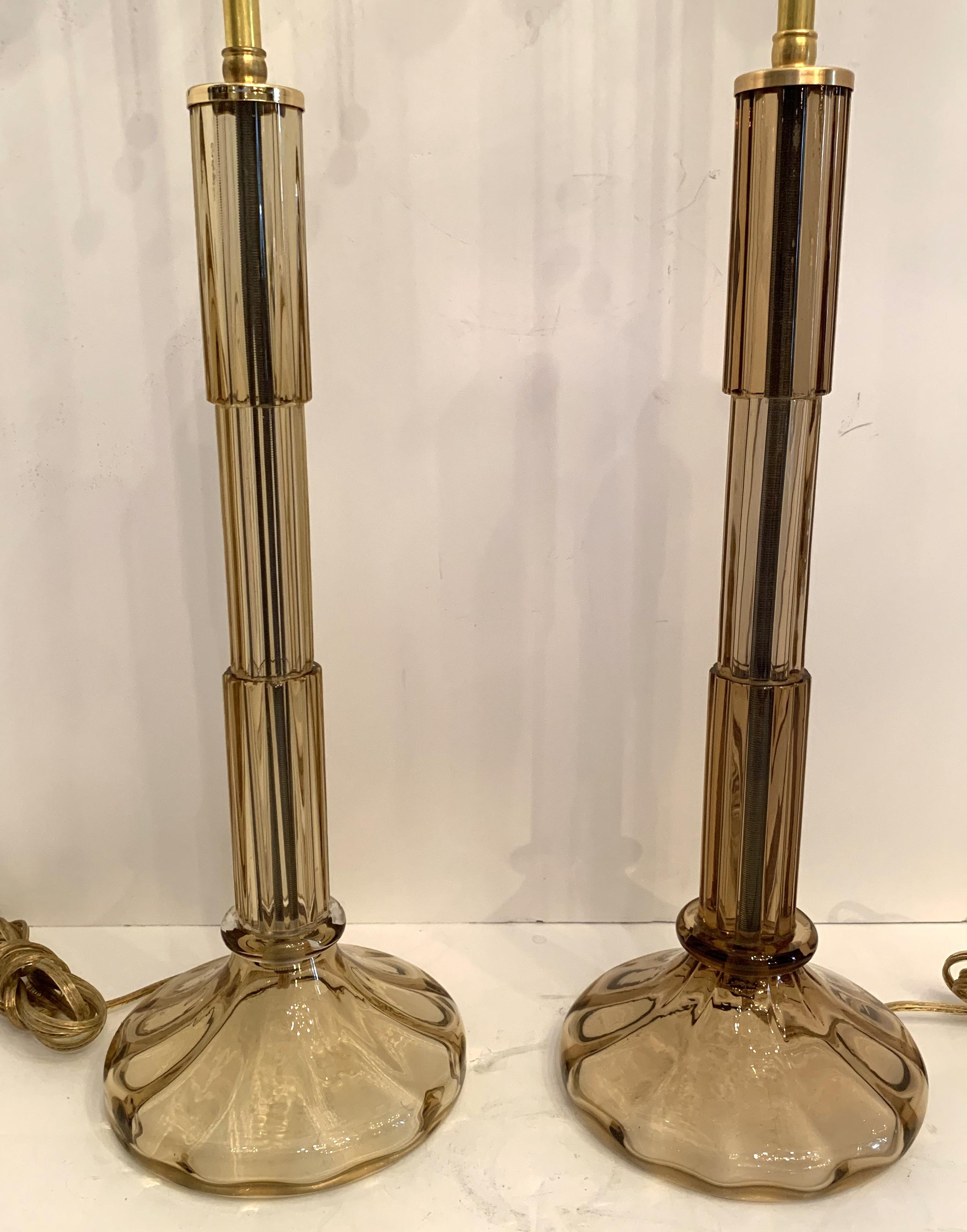 Wonderful Mid-Century Modern Pair Italian Murano Smoke Glass Brass Deco Lamps In Good Condition In Roslyn, NY