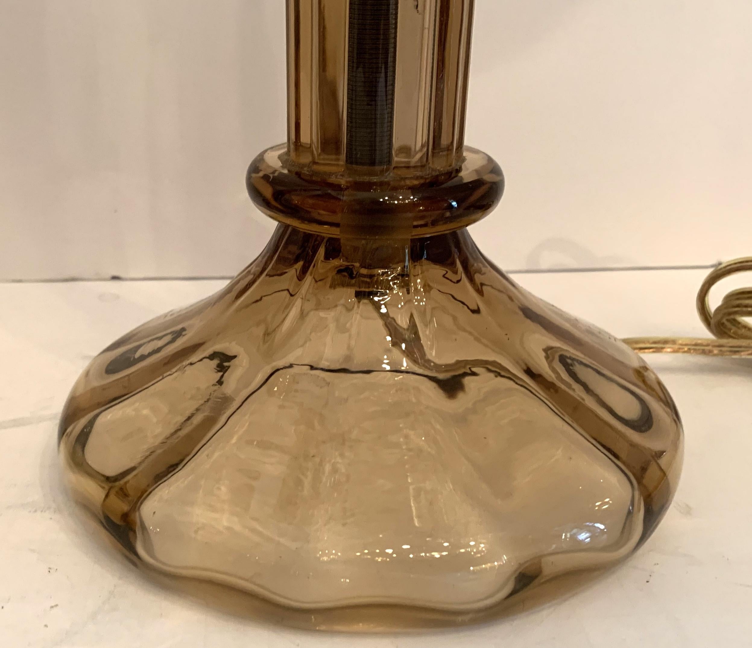 Wonderful Mid-Century Modern Pair Italian Murano Smoke Glass Brass Deco Lamps 1