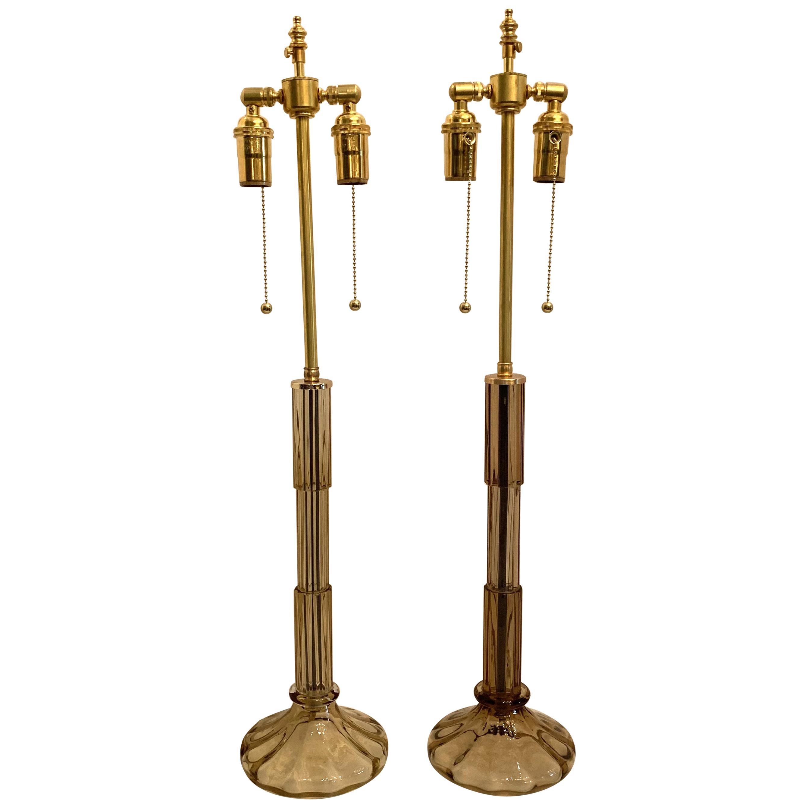 Wonderful Mid-Century Modern Pair Italian Murano Smoke Glass Brass Deco Lamps