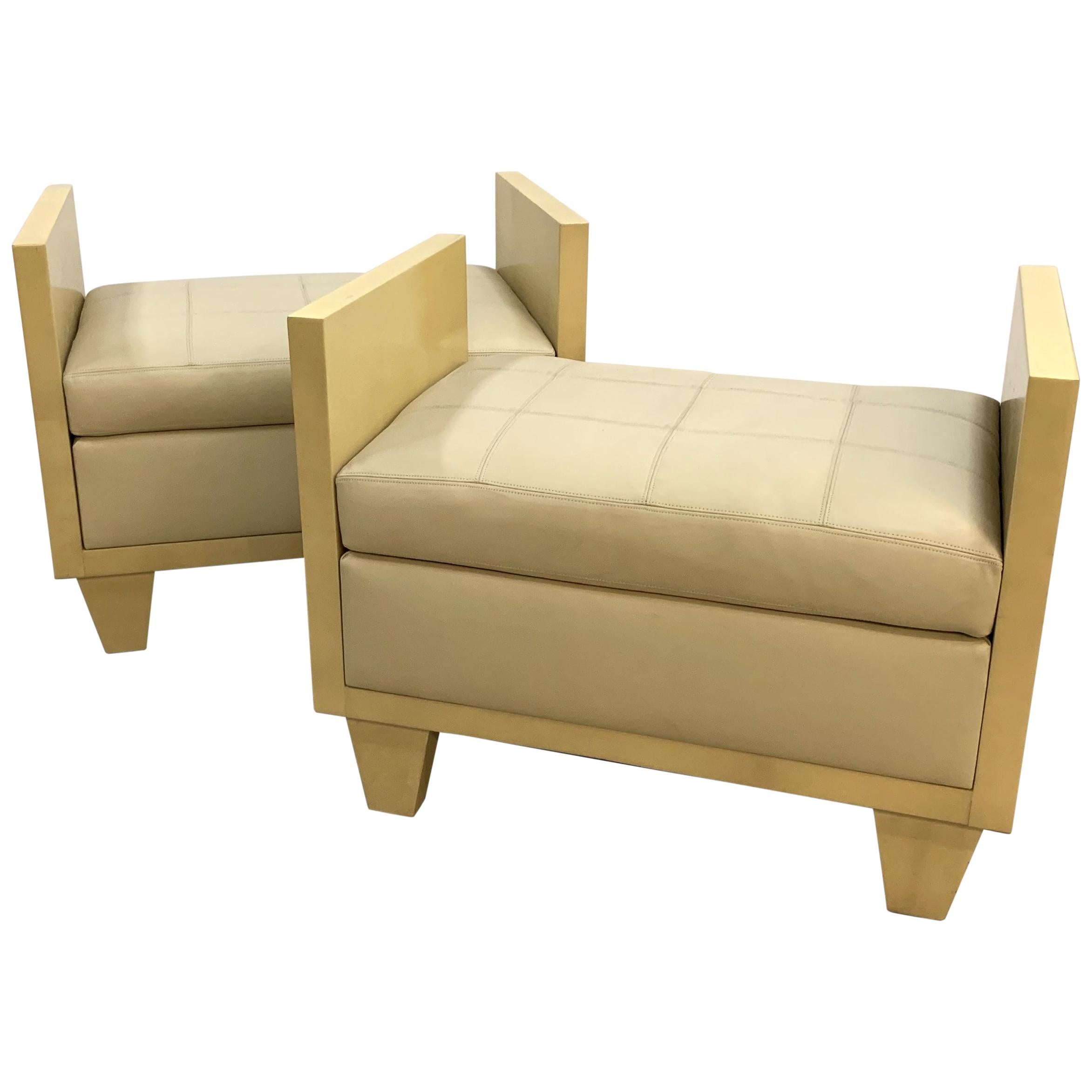 Wonderful Mid-Century Modern Pair of Natural Goat Skin Leather Benches/Stools For Sale