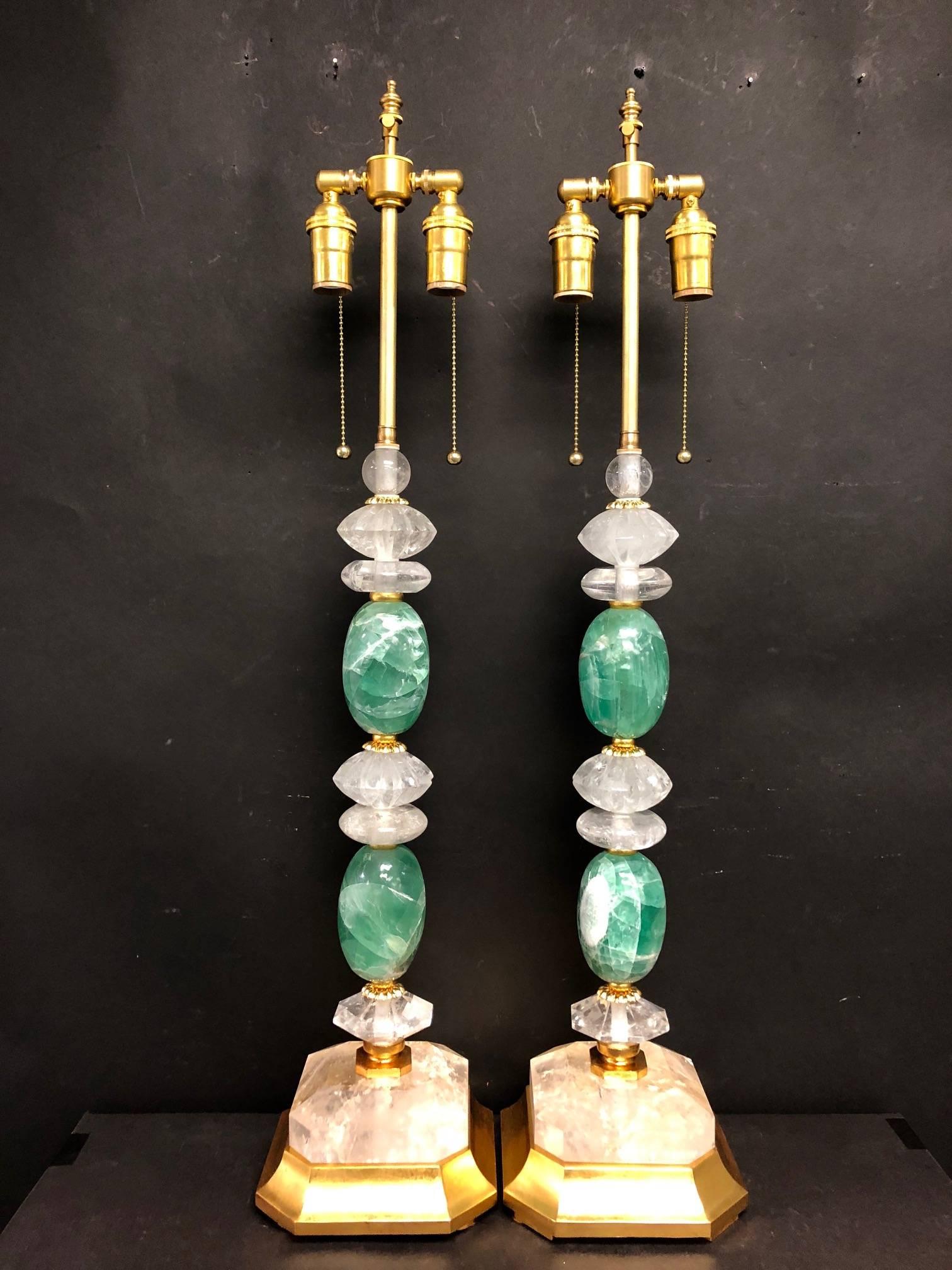 Italian Wonderful Mid-Century Modern Pair of Rock Green Quartz Crystal Gold Gilt Lamps