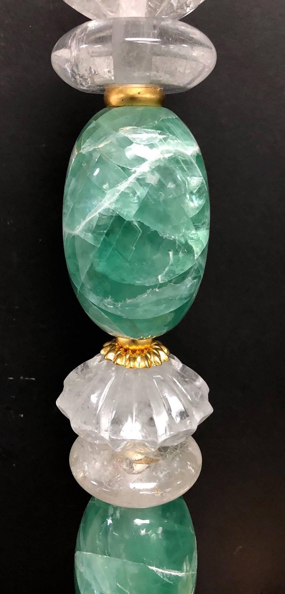 Wonderful Mid-Century Modern Pair of Rock Green Quartz Crystal Gold Gilt Lamps In Good Condition In Roslyn, NY