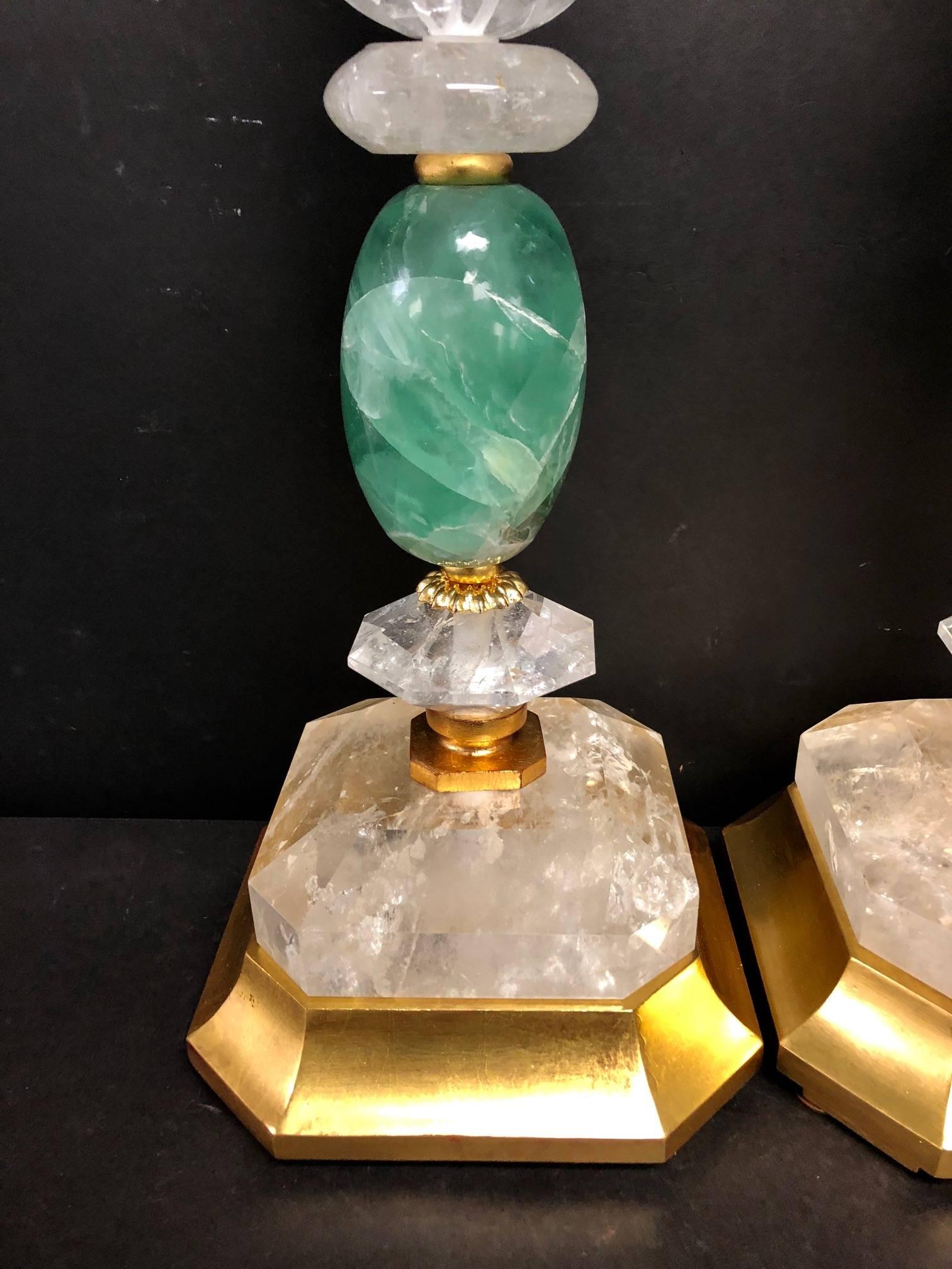 20th Century Wonderful Mid-Century Modern Pair of Rock Green Quartz Crystal Gold Gilt Lamps