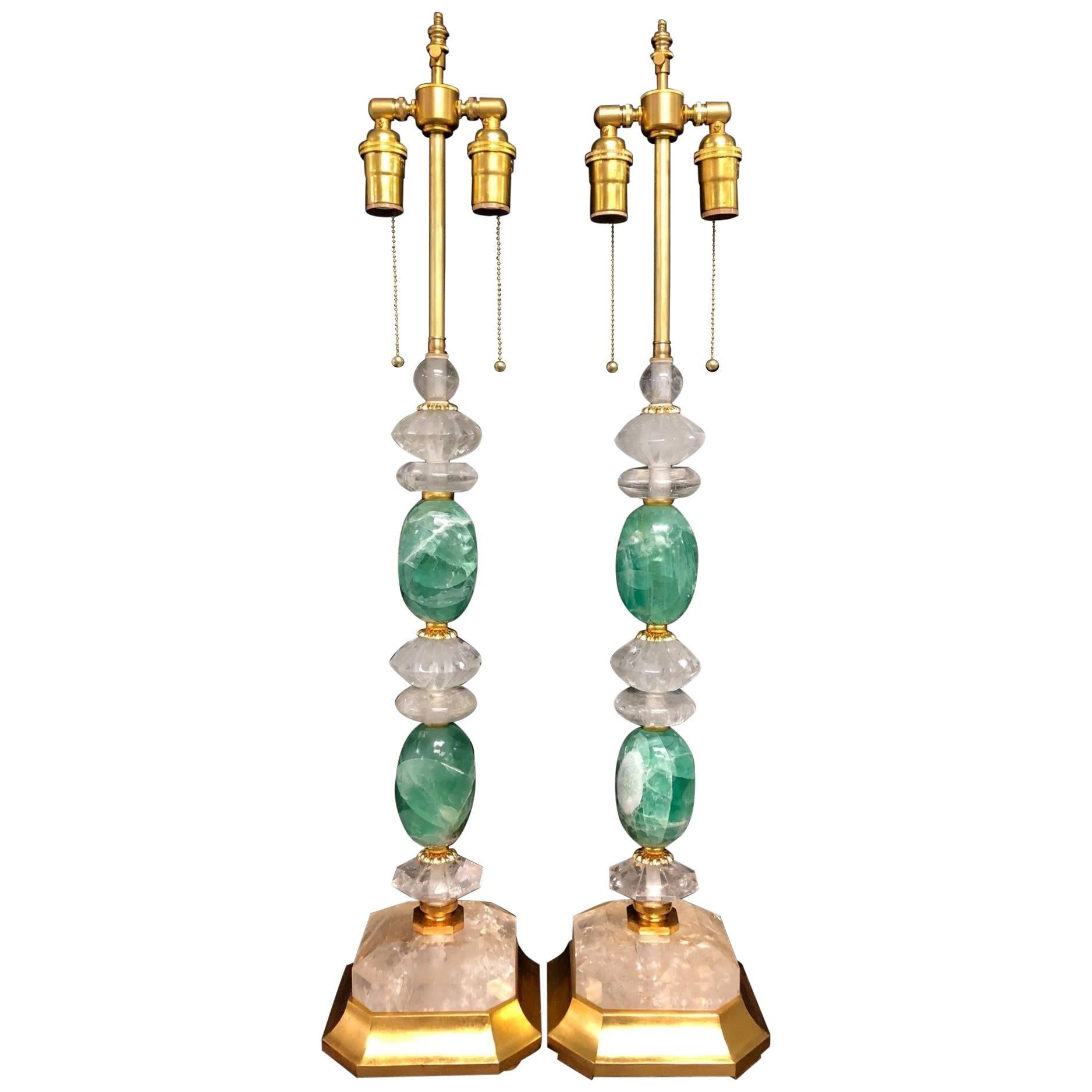 Wonderful Mid-Century Modern Pair of Rock Green Quartz Crystal Gold Gilt Lamps