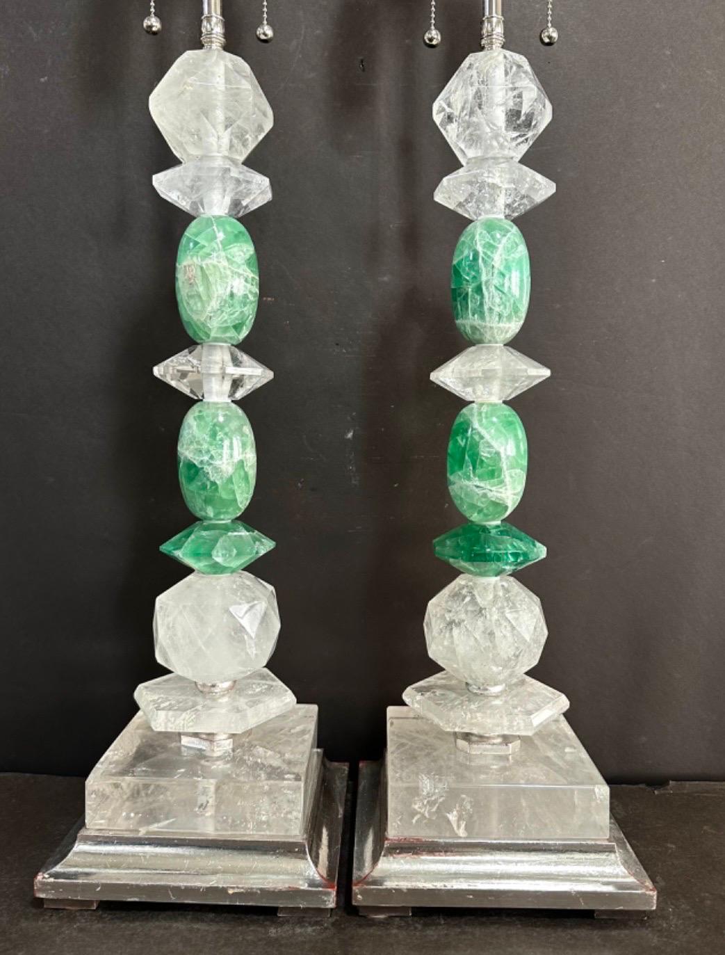 Italian Wonderful Mid-Century Modern Pair Rock Green Quartz Crystal Silver Gilt Lamps For Sale