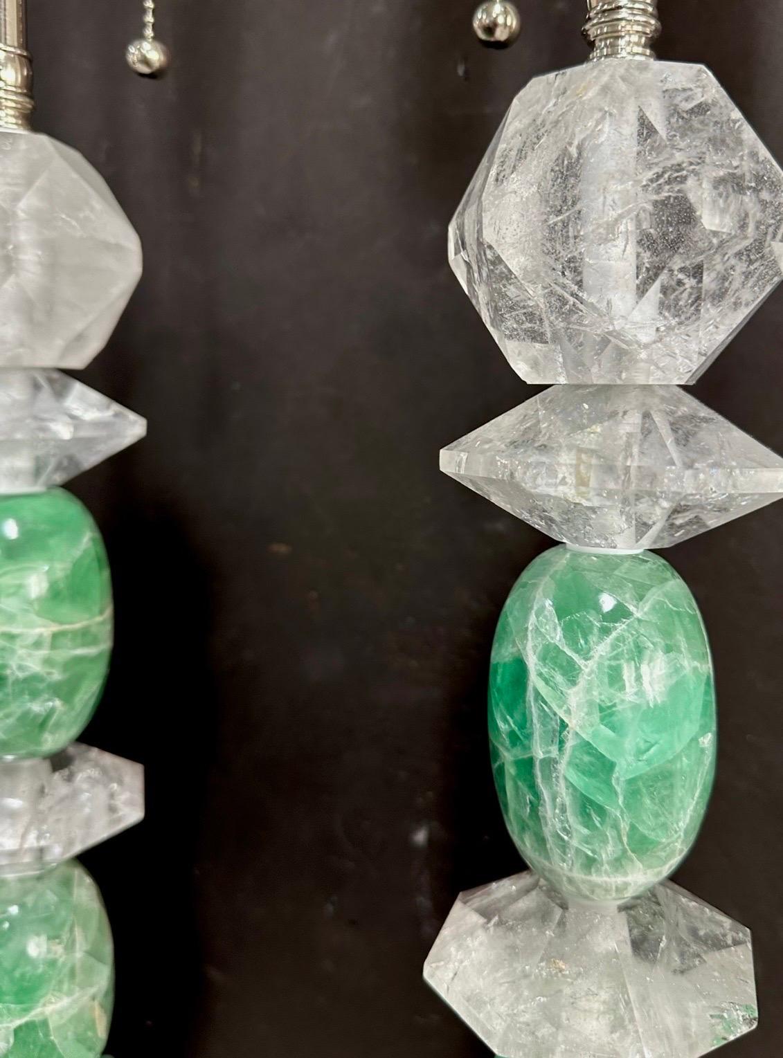 Wonderful Mid-Century Modern Pair Rock Green Quartz Crystal Silver Gilt Lamps In Good Condition For Sale In Roslyn, NY