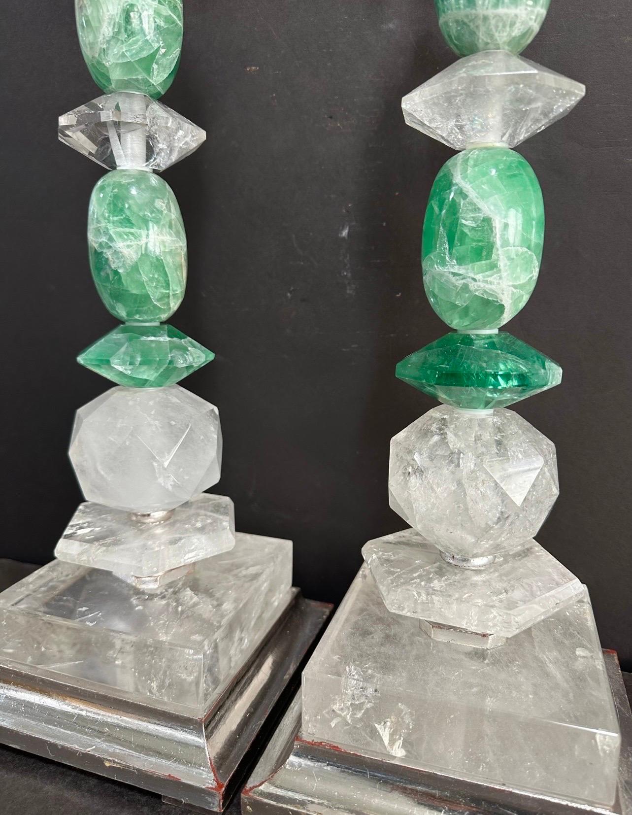 20th Century Wonderful Mid-Century Modern Pair Rock Green Quartz Crystal Silver Gilt Lamps For Sale