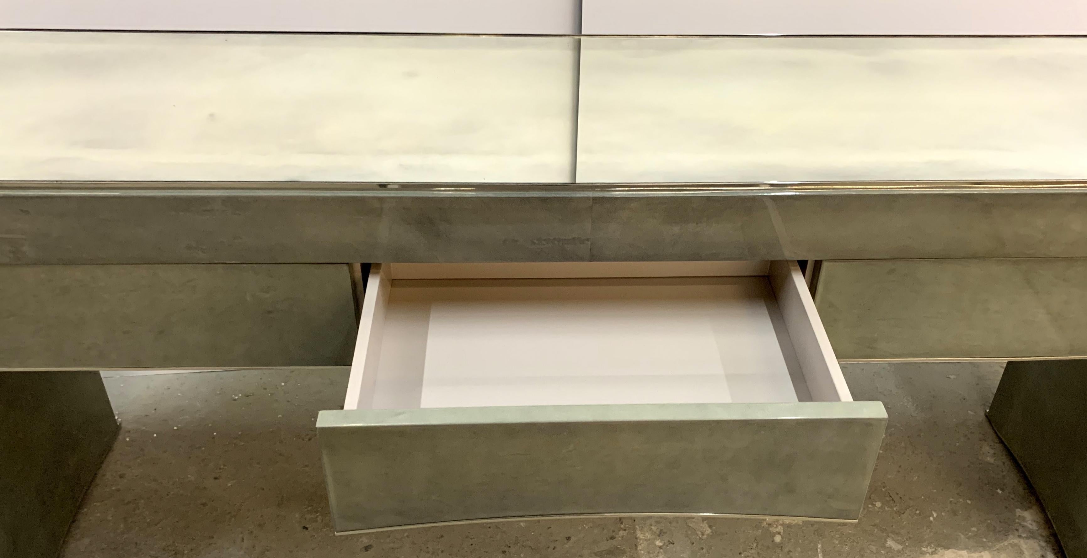 Wonderful Mid-Century Modern Pastel Soft Goat Skin Mirrored Nickel Console Table In Good Condition For Sale In Roslyn, NY
