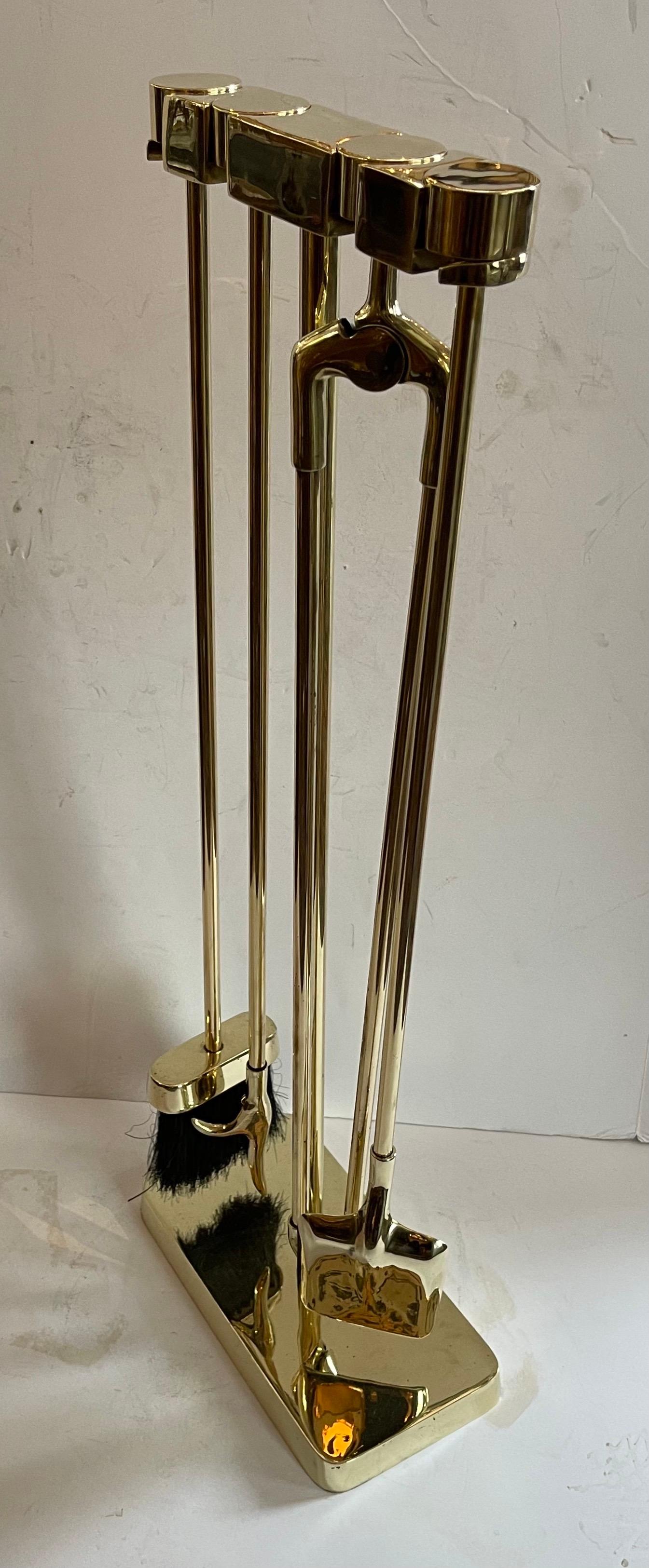 20th Century Wonderful Mid-Century Modern Polished Brass Fireplace Fire Place Tool Set For Sale
