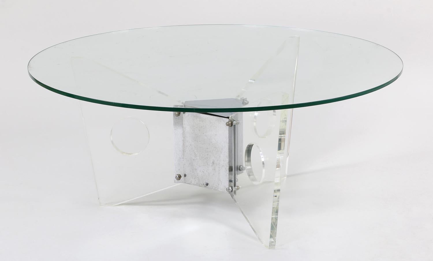 Mid-Century Modern Merveilleuse table basse ronde moderne du milieu du siècle dernier avec plateau en verre, base en chrome et lucite en vente