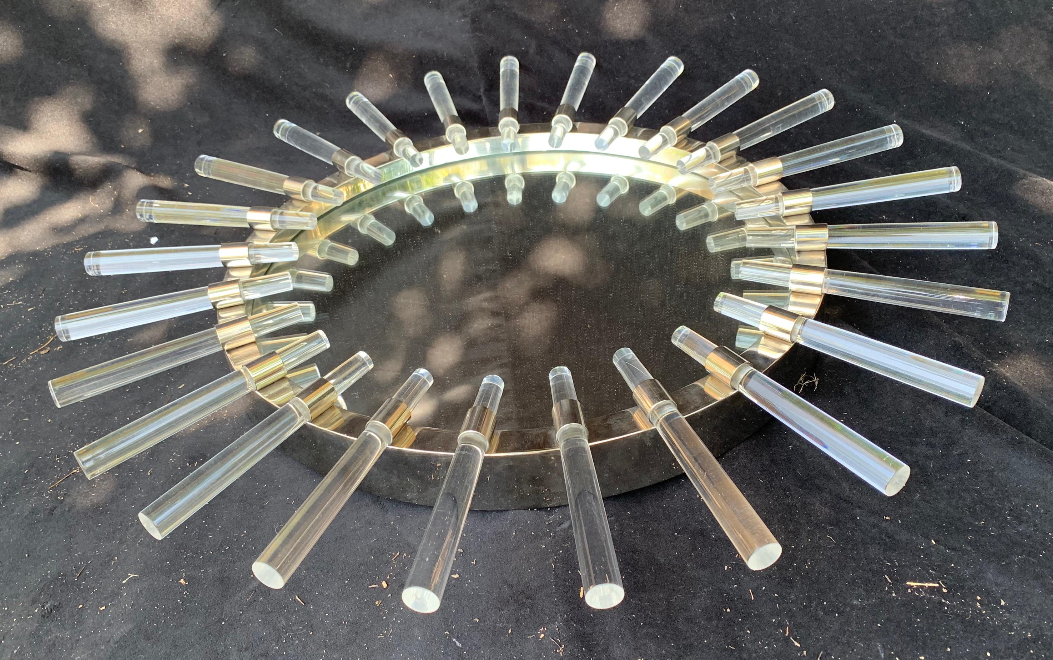 Wonderful Mid-Century Modern round sputnik Lucite rod polished nickel mirror
Dimensions: 32