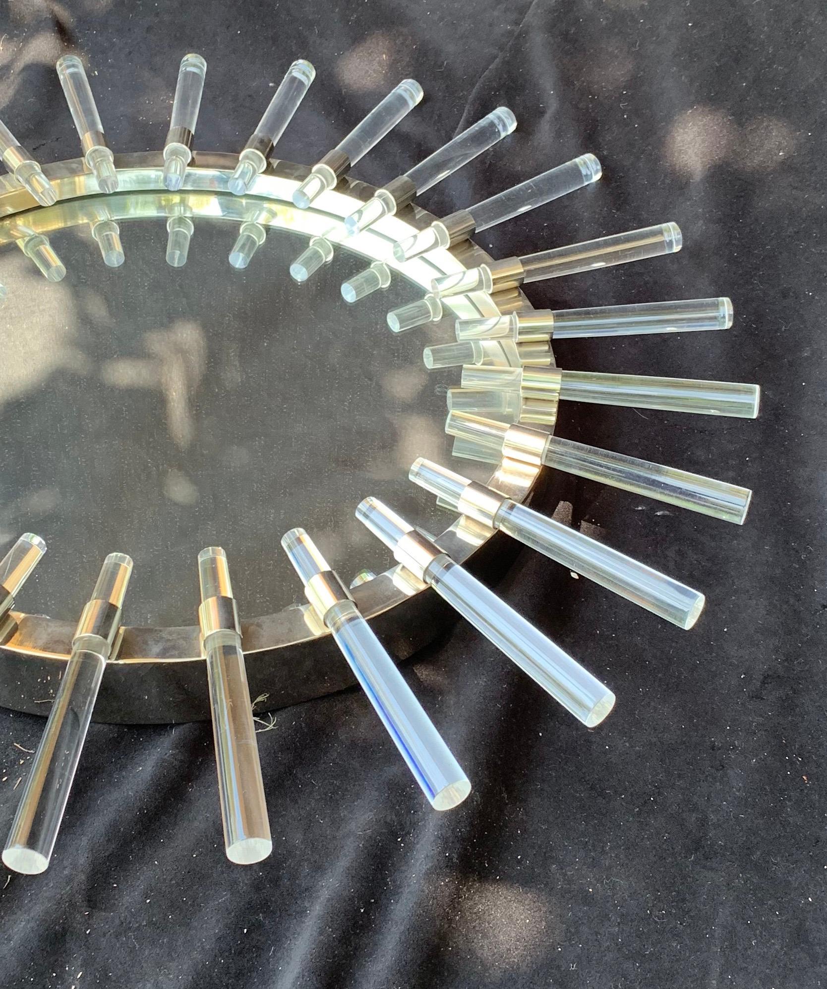 Wonderful Mid-Century Modern Round Sputnik Lucite Rod Polished Nickel Mirror In Good Condition In Roslyn, NY
