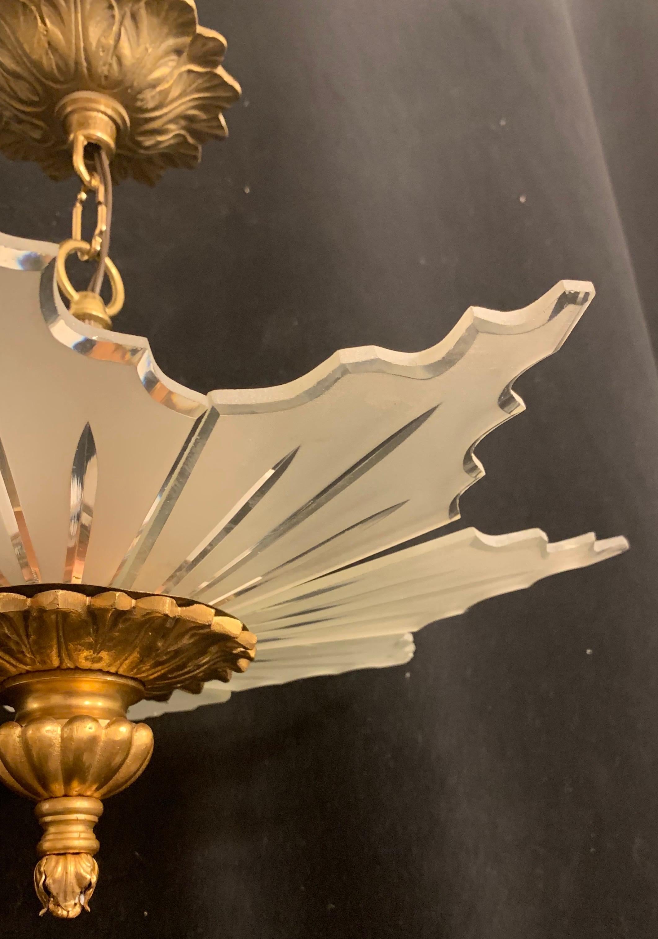 20th Century Wonderful Mid-Century Modern Semi Flushmount Star Glass Bronze Light Fixture